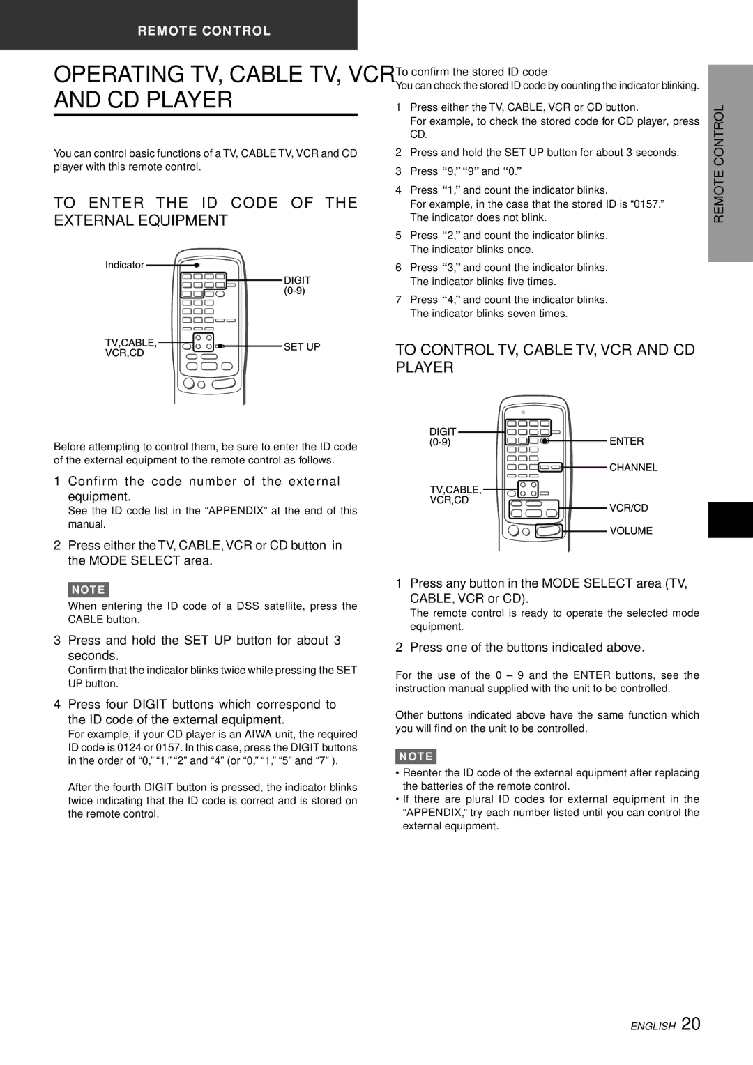 Aiwa AV-D97 manual Operating TV, Cable TV, VCR and CD Player, To Enter the ID Code of the External Equipment 