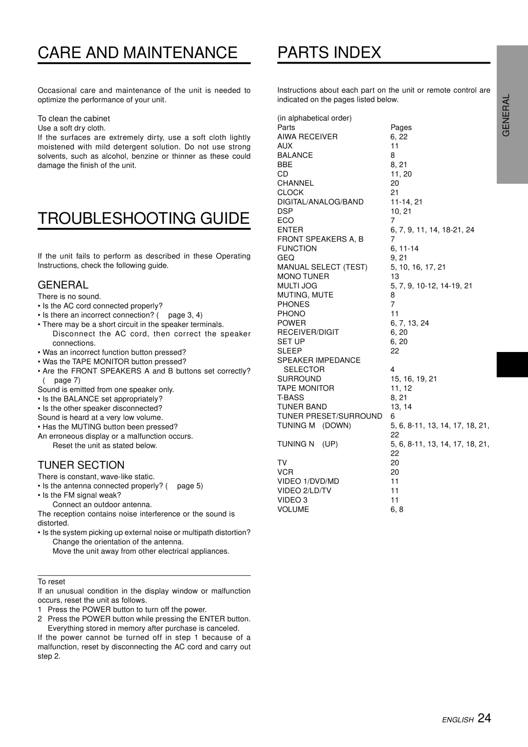 Aiwa AV-D97 manual Care and Maintenance, Troubleshooting Guide, Parts Index, General, Tuner Section 