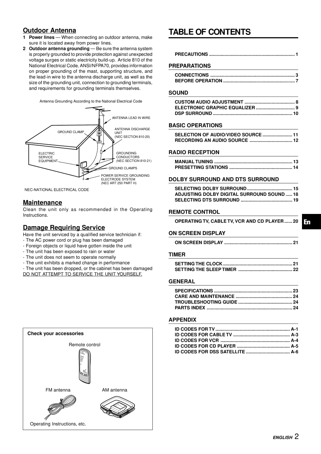 Aiwa AV-D97 manual Table of Contents 