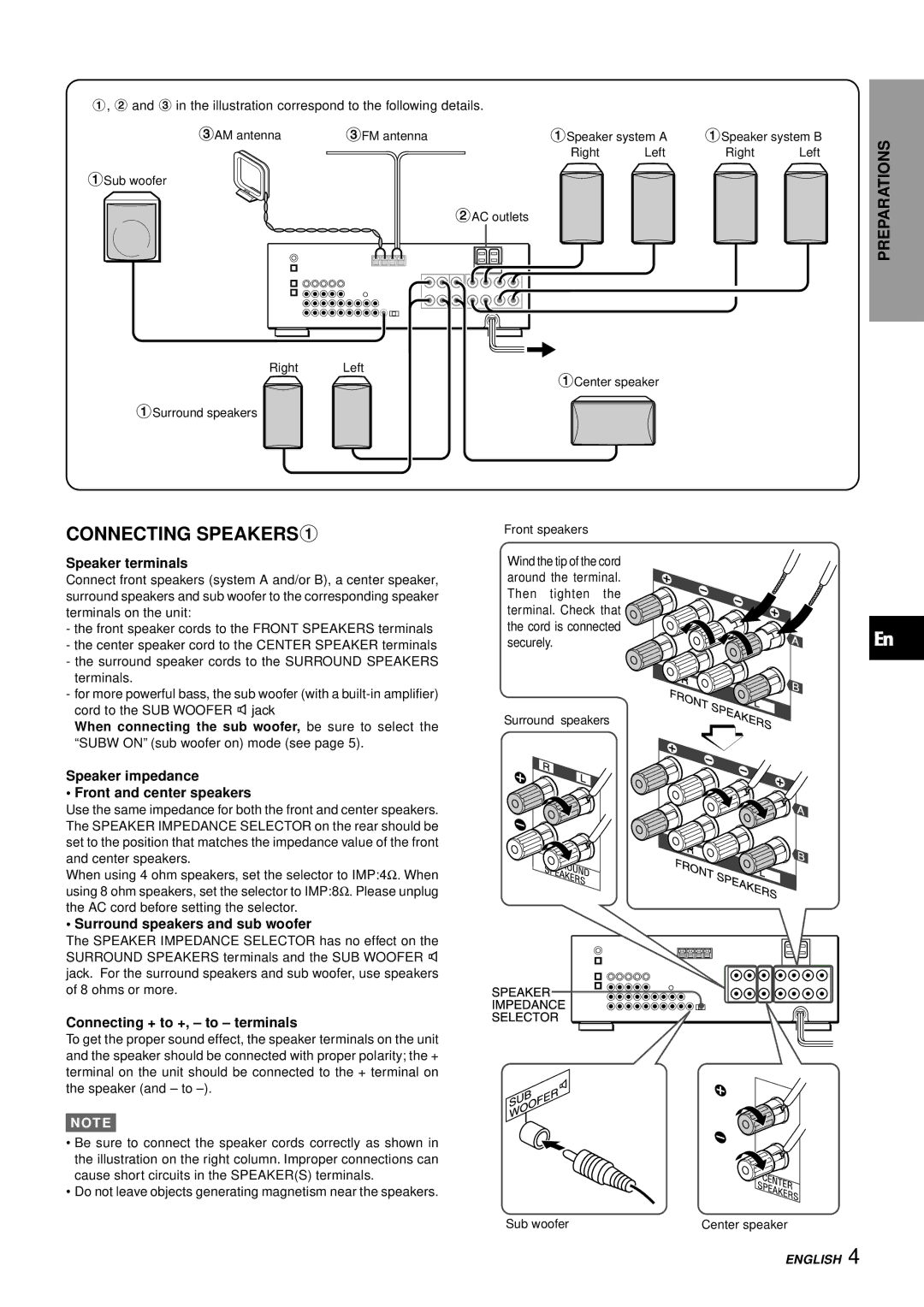 Aiwa AV-D97 manual Connecting SPEAKERS1, Speaker terminals, Speaker impedance Front and center speakers 