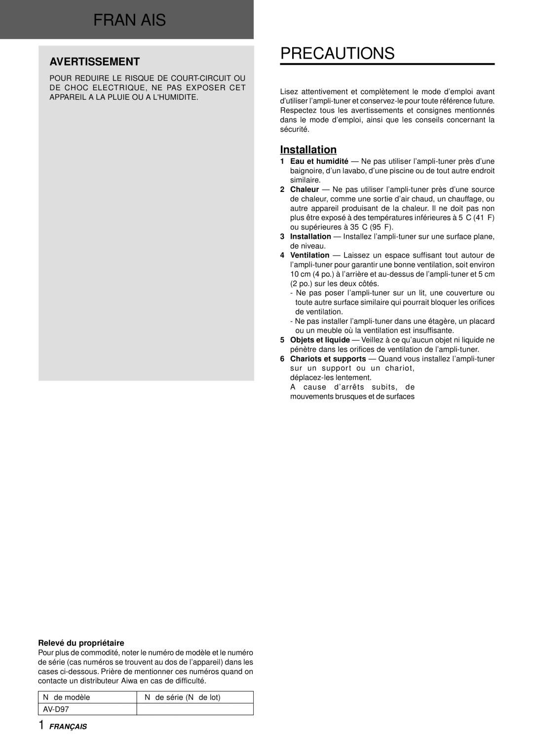 Aiwa AV-D97 manual Avertissement, Electricité, Signification des symboles graphiques, Relevé du propriétaire 