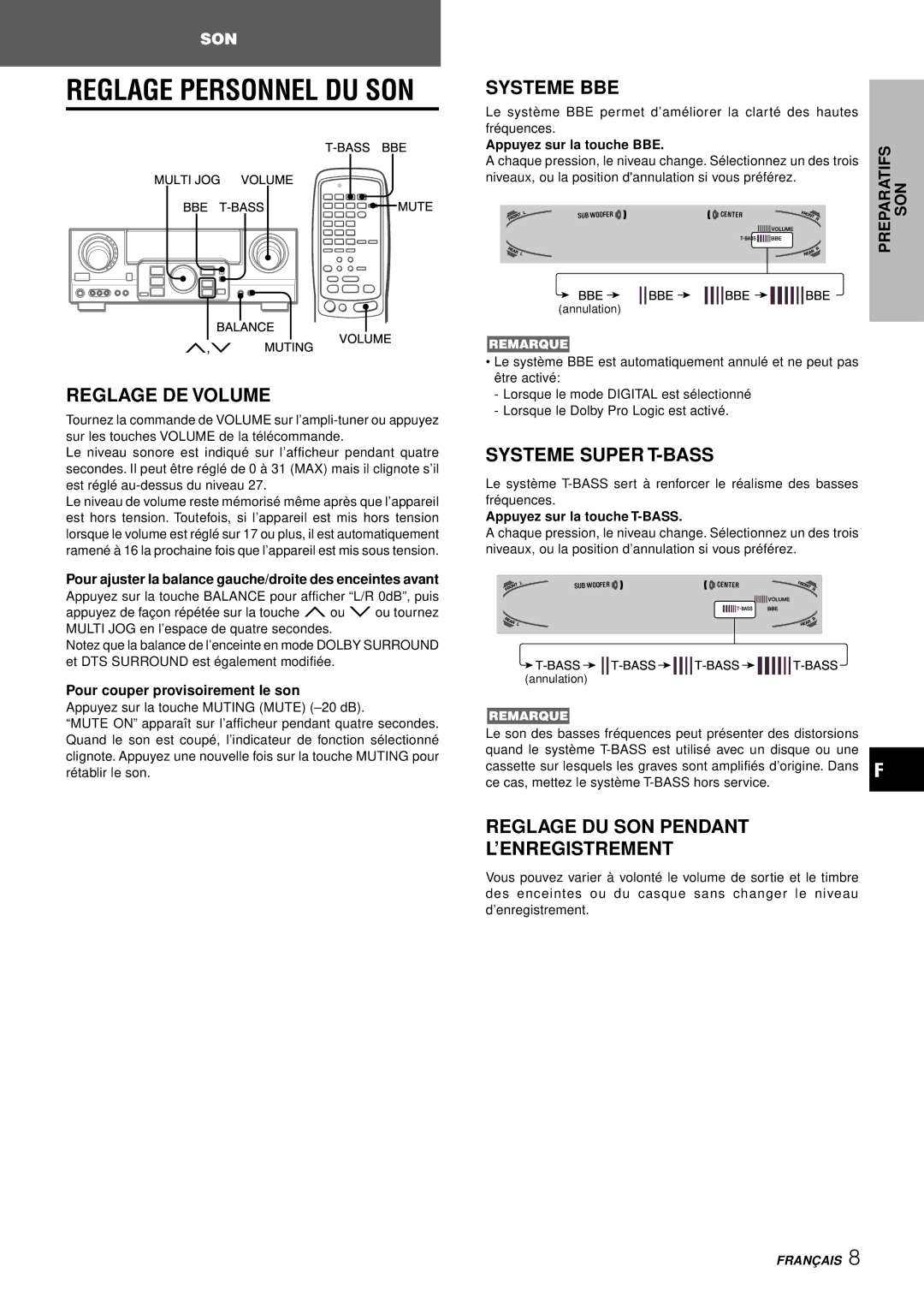 Aiwa AV-D97 Systeme BBE, Reglage DE Volume, Systeme Super T-BASS, Reglage DU SON Pendant ’ENREGISTREMENT, Preparatifs SON 