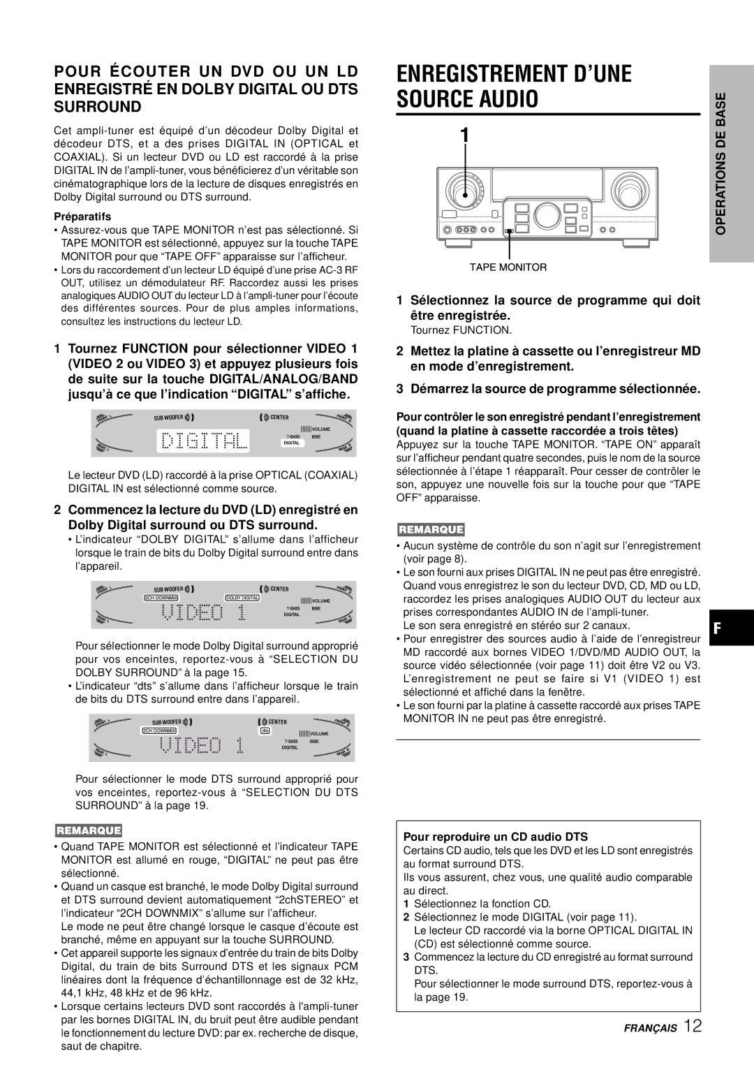 Aiwa AV-D97 manual Enregistrement D’UNE, Pour reproduire un CD audio DTS, Pré paratifs 