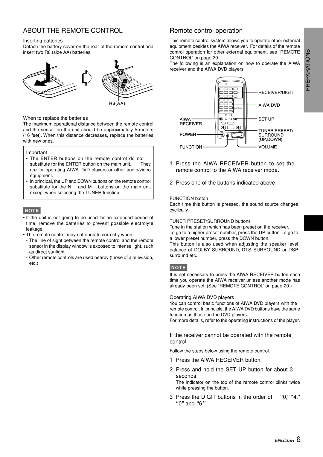 Aiwa AV-D97 About the Remote Control, Remote control operation, If the receiver cannot be operated with the remote Control 