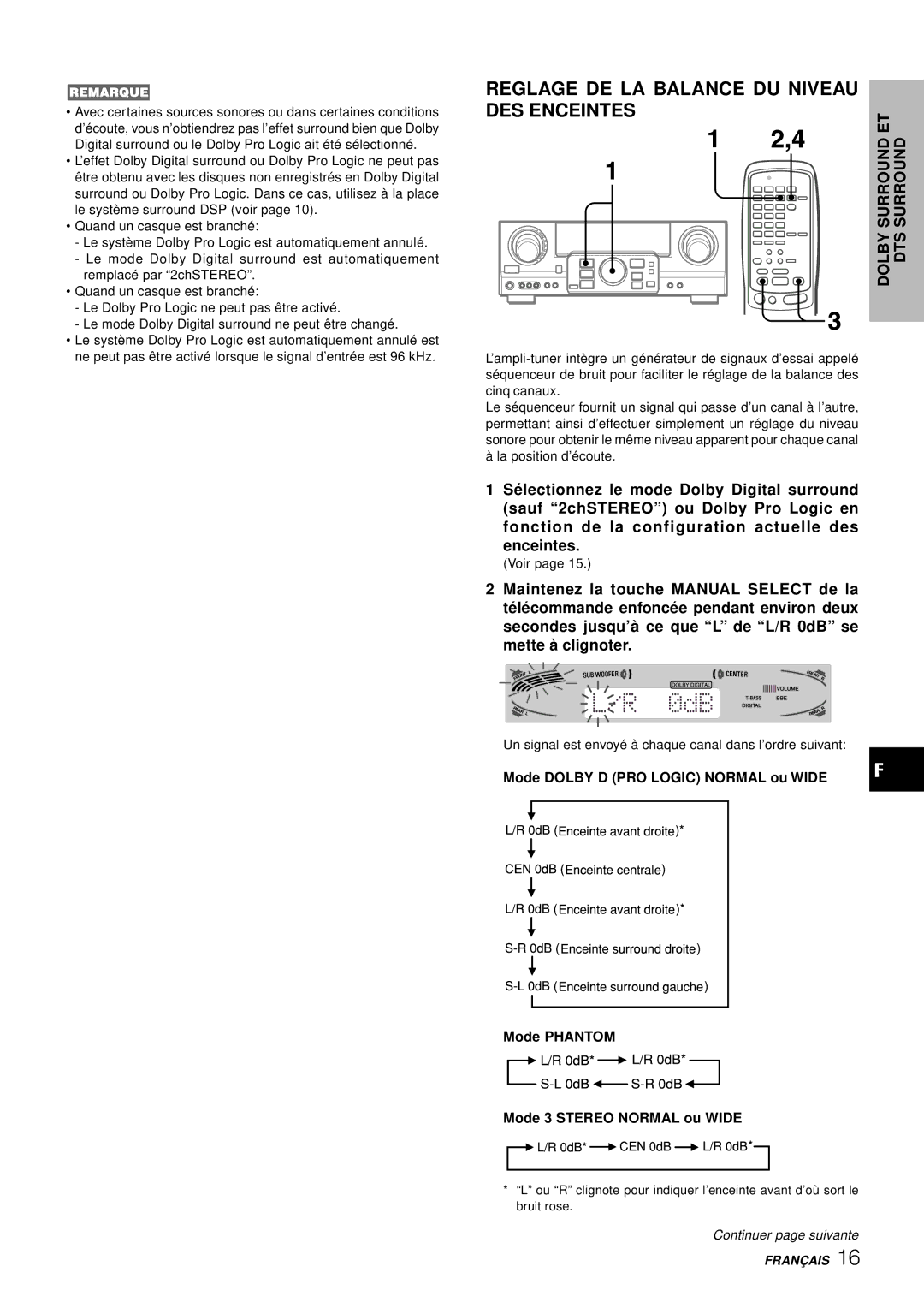 Aiwa AV-D97 manual Reglage DE LA Balance DU Niveau DES Enceintes, Dolbydts Surround Etsurround 