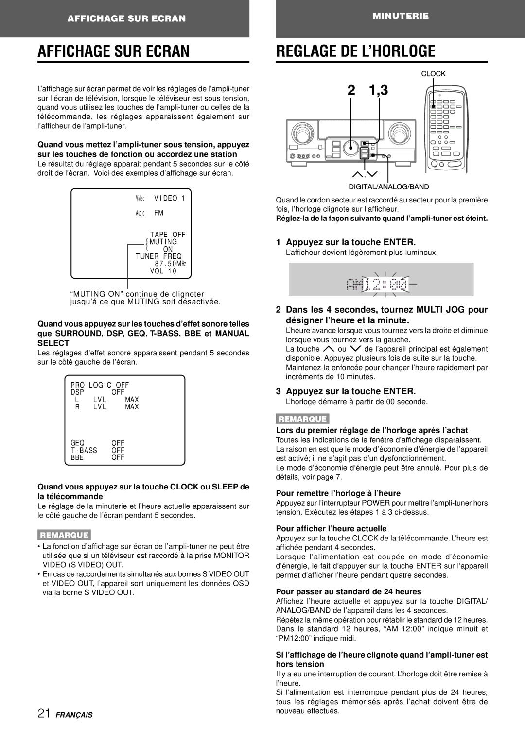 Aiwa AV-D97 manual Appuyez sur la touche Enter, Lors du premier ré glage de l’horloge aprè s l’achat 