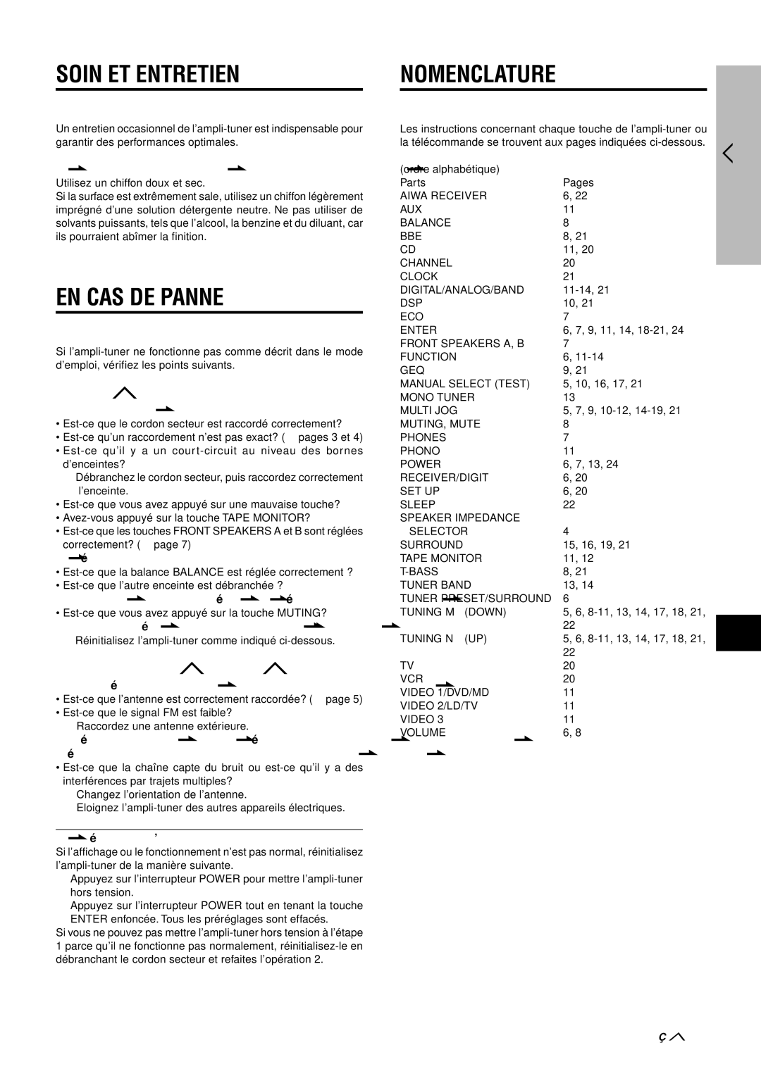 Aiwa AV-D97 manual Soin ET Entretien, EN CAS DE Panne, Nomenclature, Section Tuner 