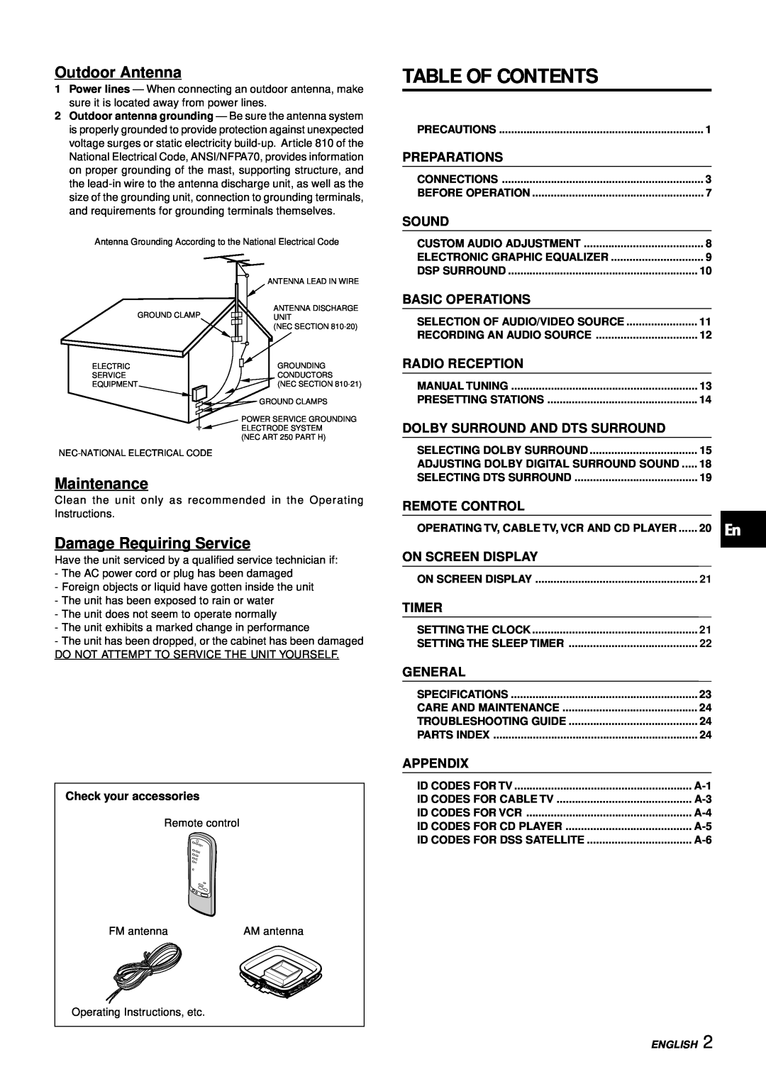 Aiwa AV-D97 Table Of Contents, Outdoor Antenna, Maintenance, Damage Requiring Service, Preparations, Sound, Remote Control 