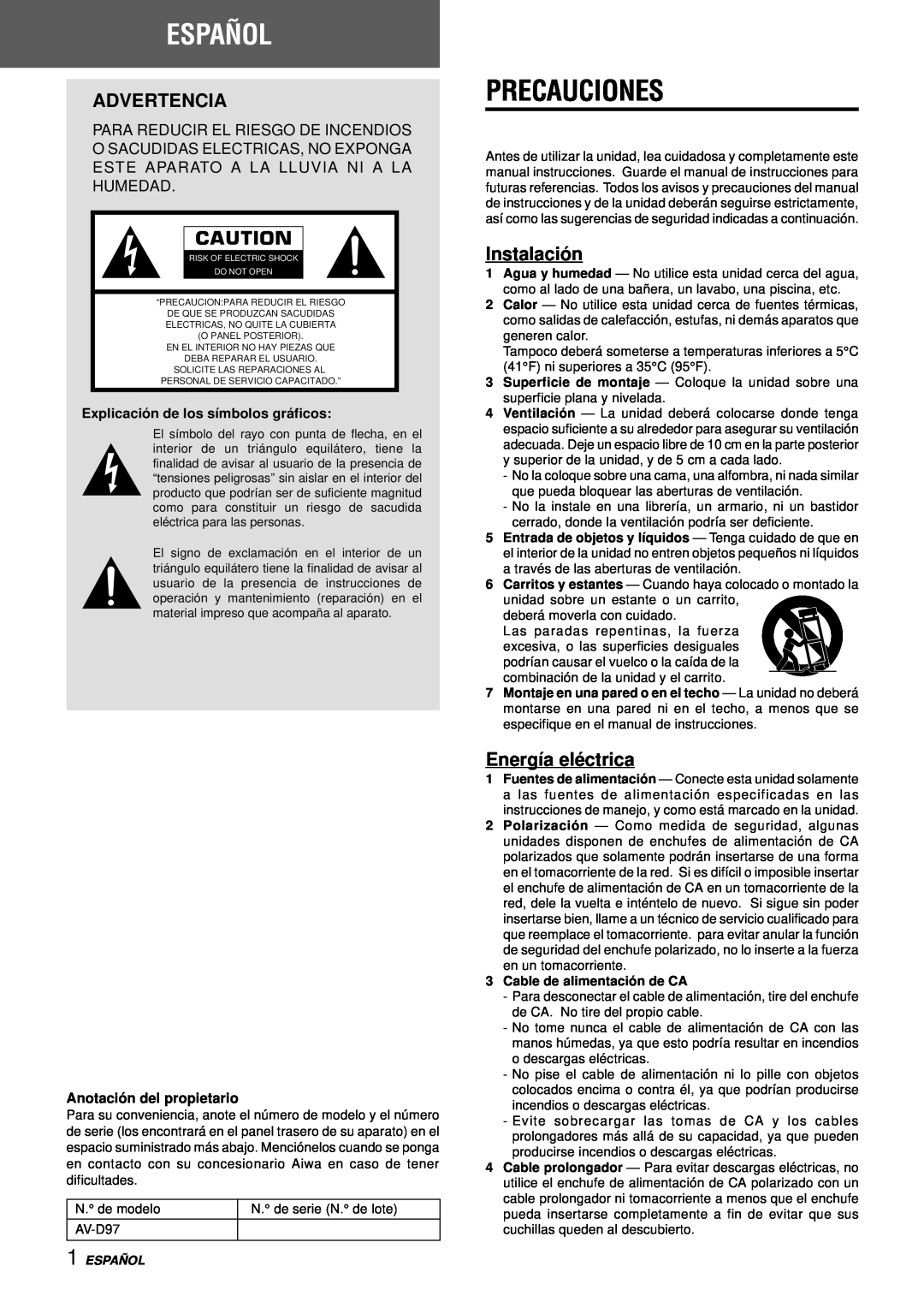 Aiwa AV-D97 Español, Precauciones, Advertencia, Instalación, Energía eléctrica, Explicació n de los símbolos grá ficos 