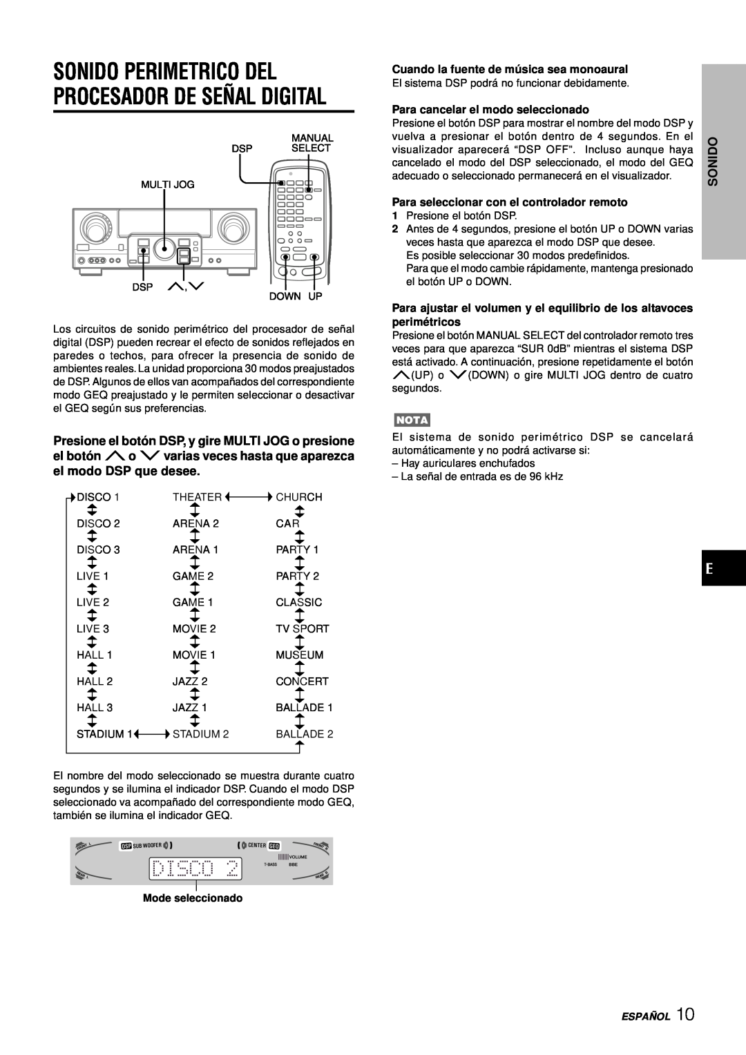 Aiwa AV-D97 manual Sonido Perimetrico Del Procesador De Señal Digital, Cuando la fuente de mú sica sea monoaural, Españ Ol 