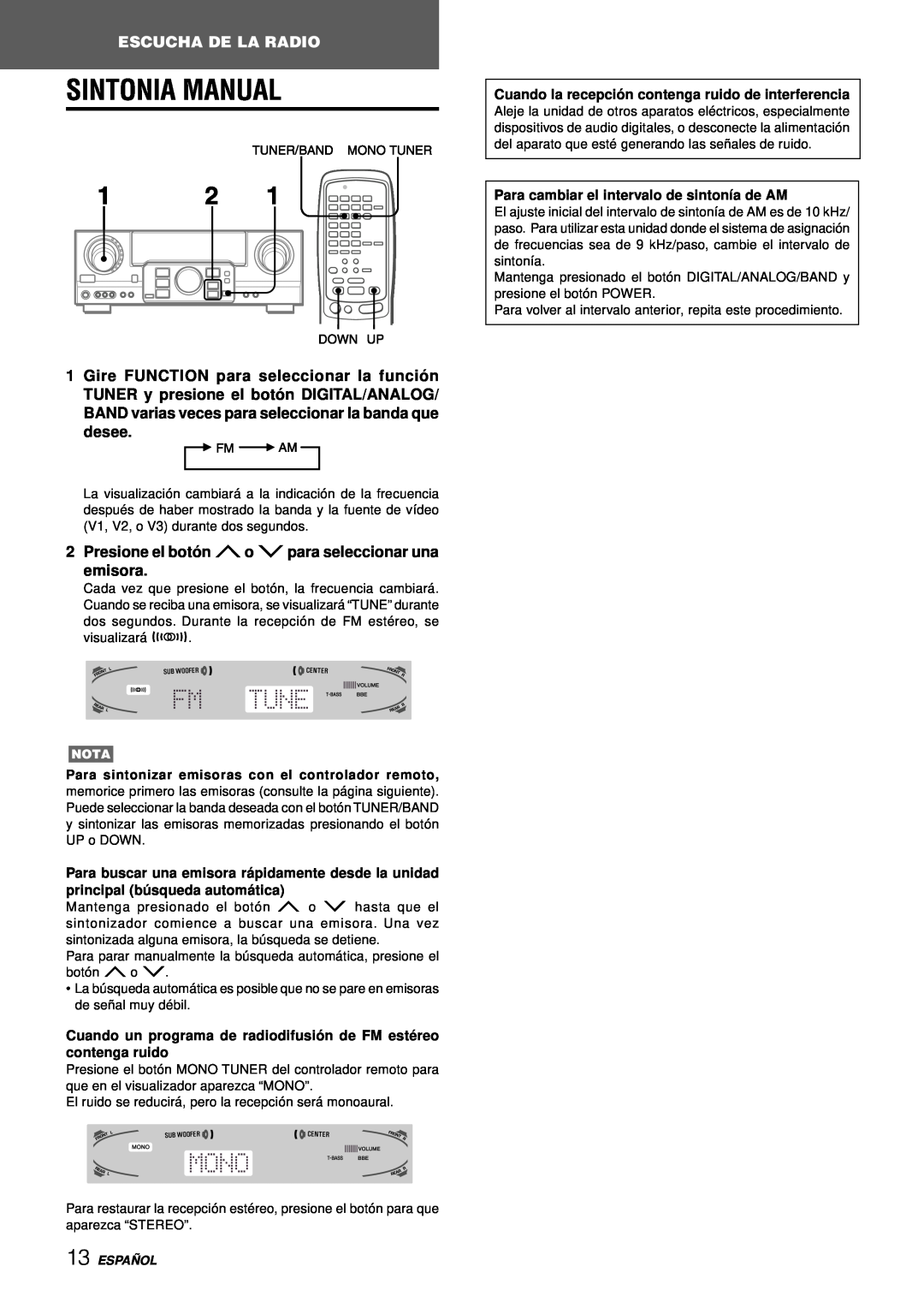 Aiwa AV-D97 manual Sintonia Manual, Escucha De La Radio, Presione el botó n No Mpara seleccionar una emisora, Españ Ol 