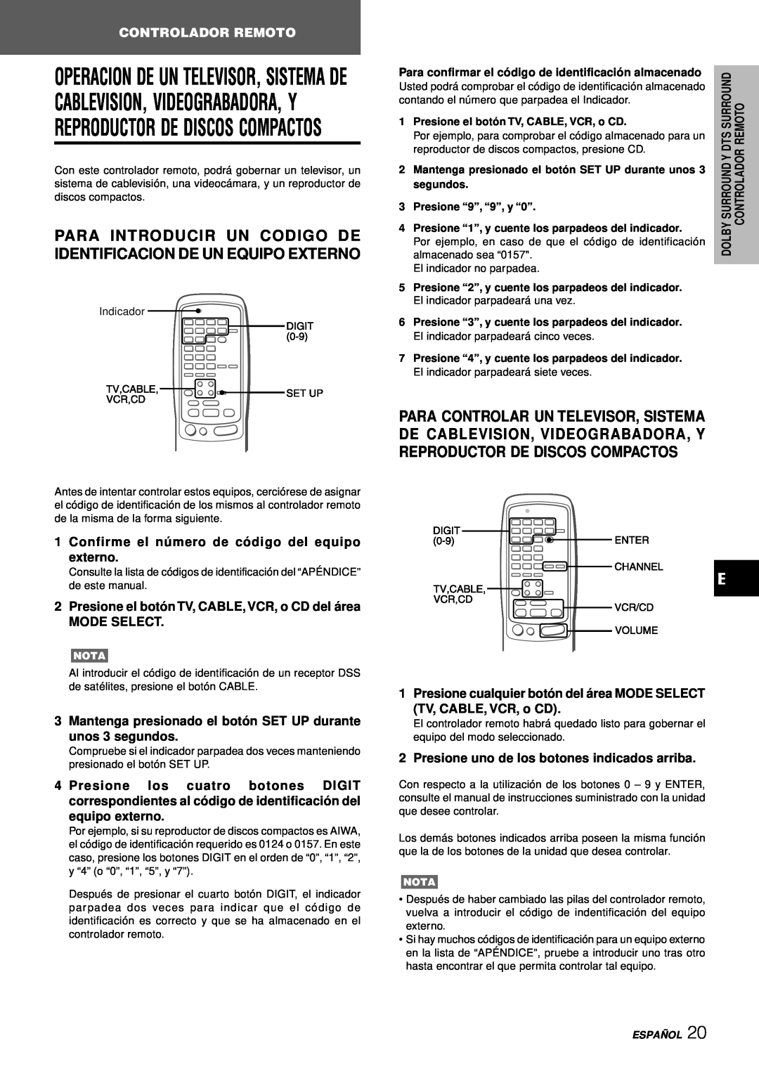 Aiwa AV-D97 manual Para Introducir Un Codigo De Identificacion De Un Equipo Externo, Controlador Remoto, segundos, Españ Ol 