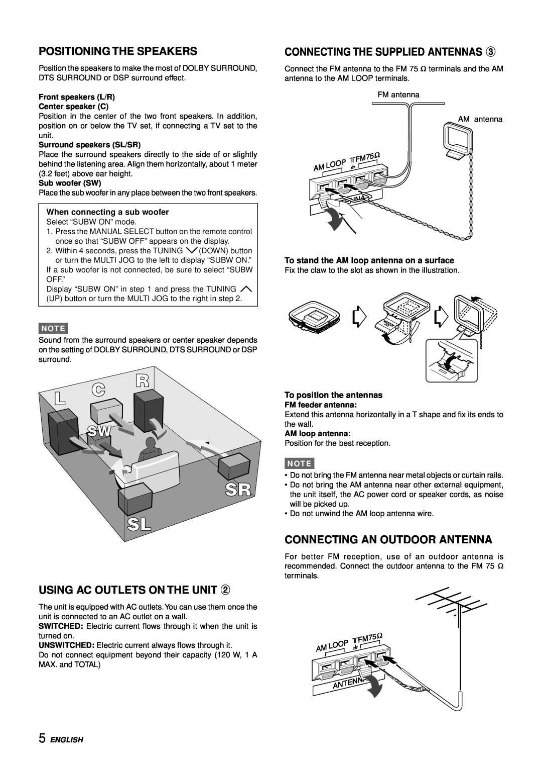 Aiwa AV-D97 manual Positioning The Speakers, Using Ac Outlets On The Unit, Connecting The Supplied Antennas, Sub woofer SW 