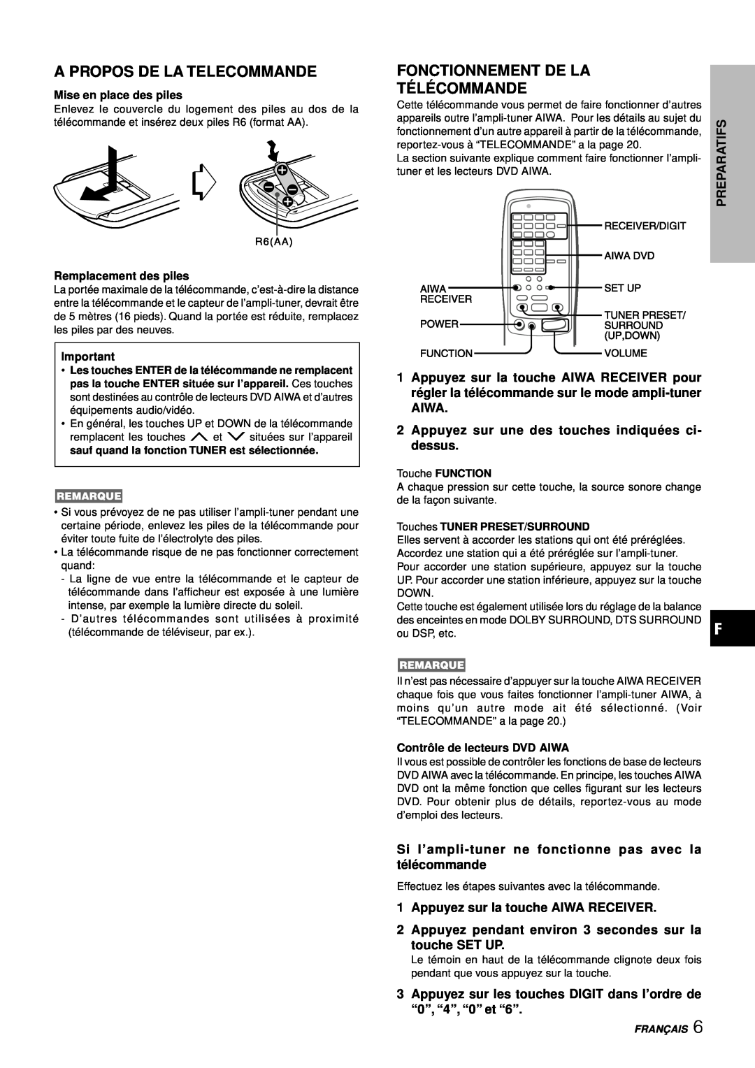 Aiwa AV-D97 manual A Propos De La Telecommande, Fonctionnement De La Té Lé Commande, Appuyez sur la touche AIWA RECEIVER 