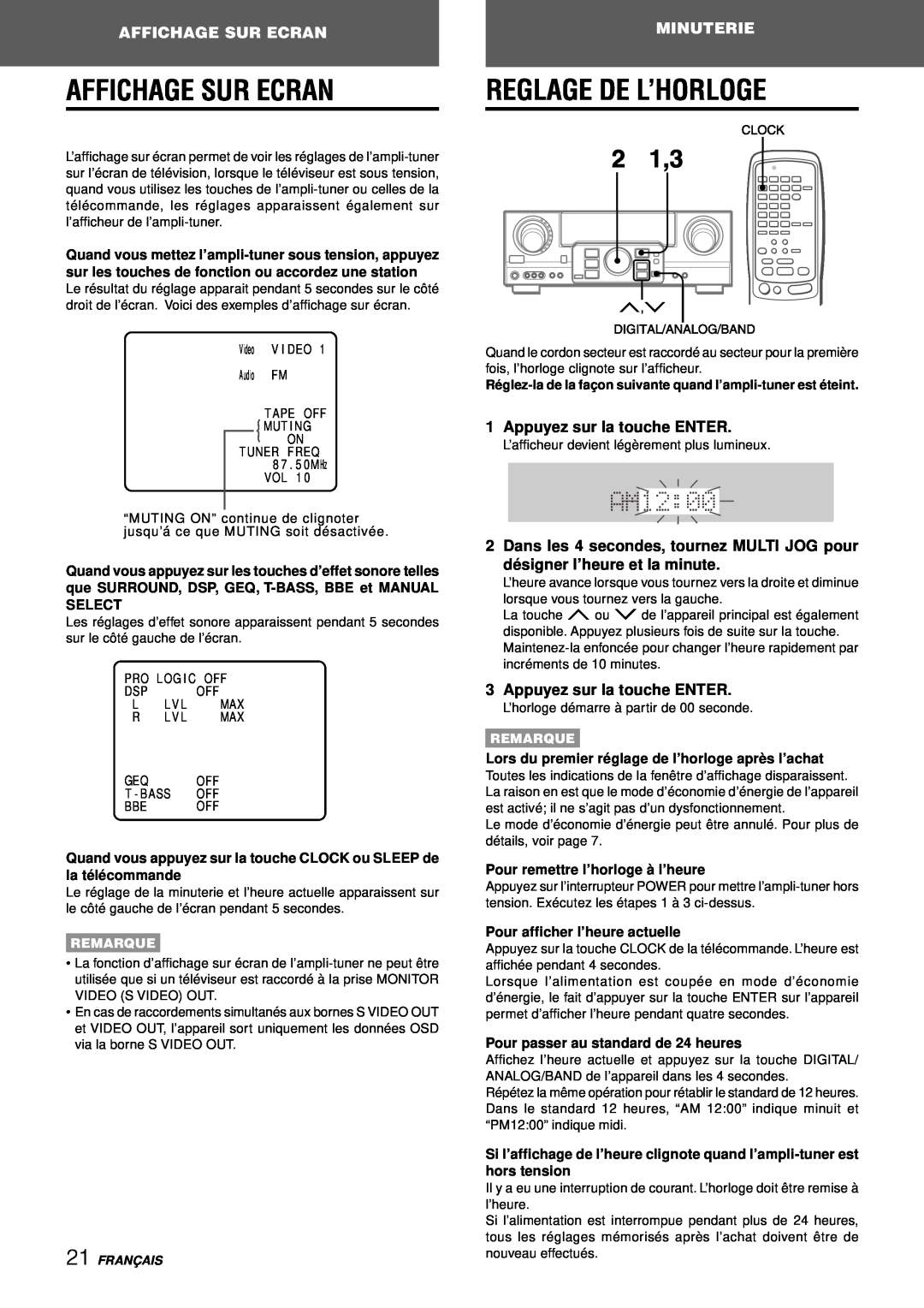 Aiwa AV-D97 manual Affichage Sur Ecran, Reglage De L’Horloge, Minuterie, Appuyez sur la touche ENTER, Remarque, Franç Ais 