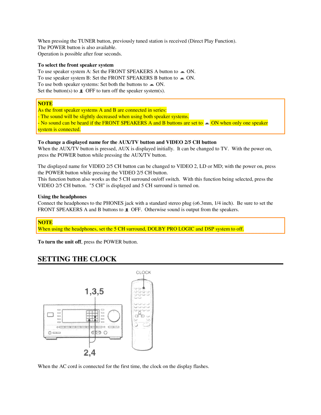 Aiwa AV-DV500 manual Setting the Clock, To select the front speaker system, Using the headphones 