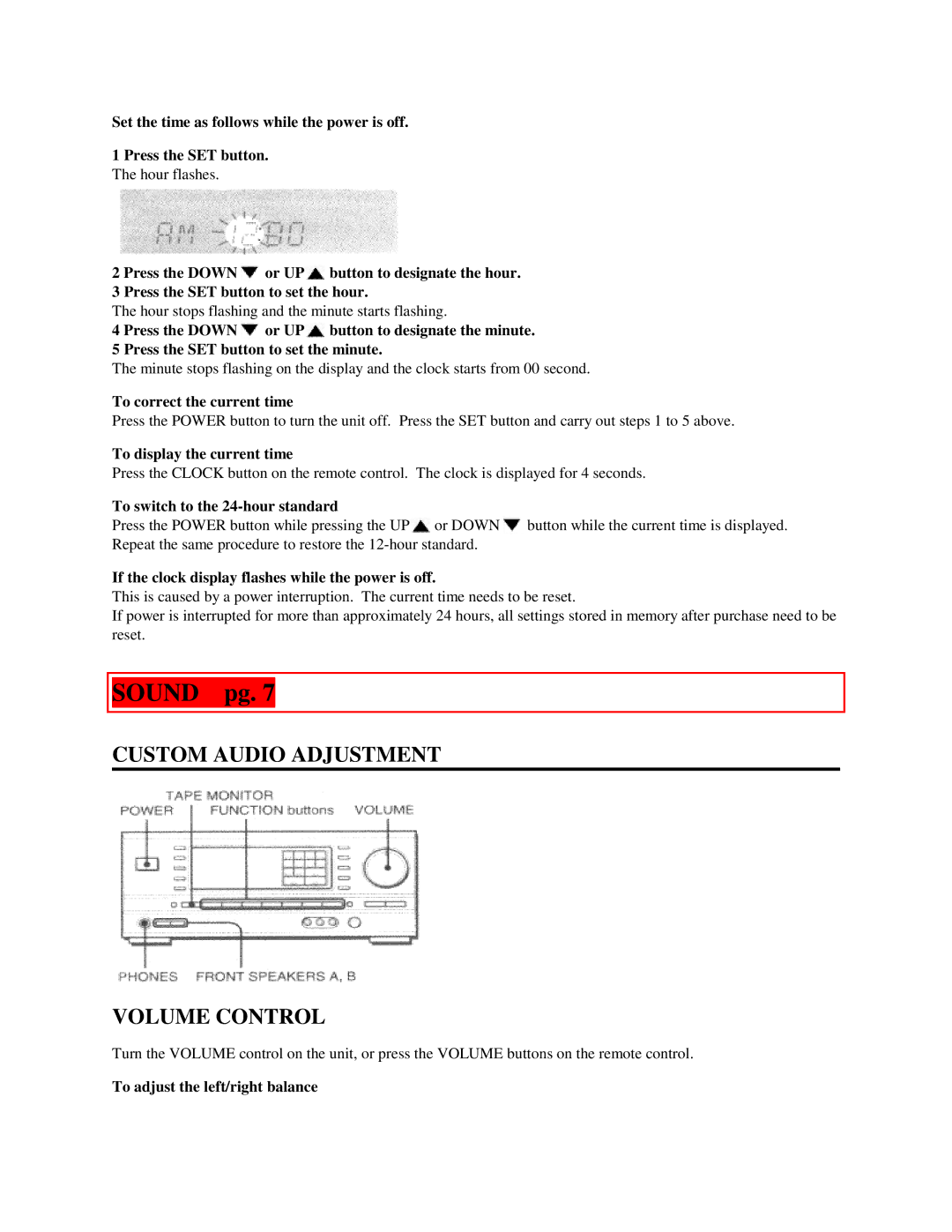 Aiwa AV-DV500 manual Sound pg, Custom Audio Adjustment Volume Control 