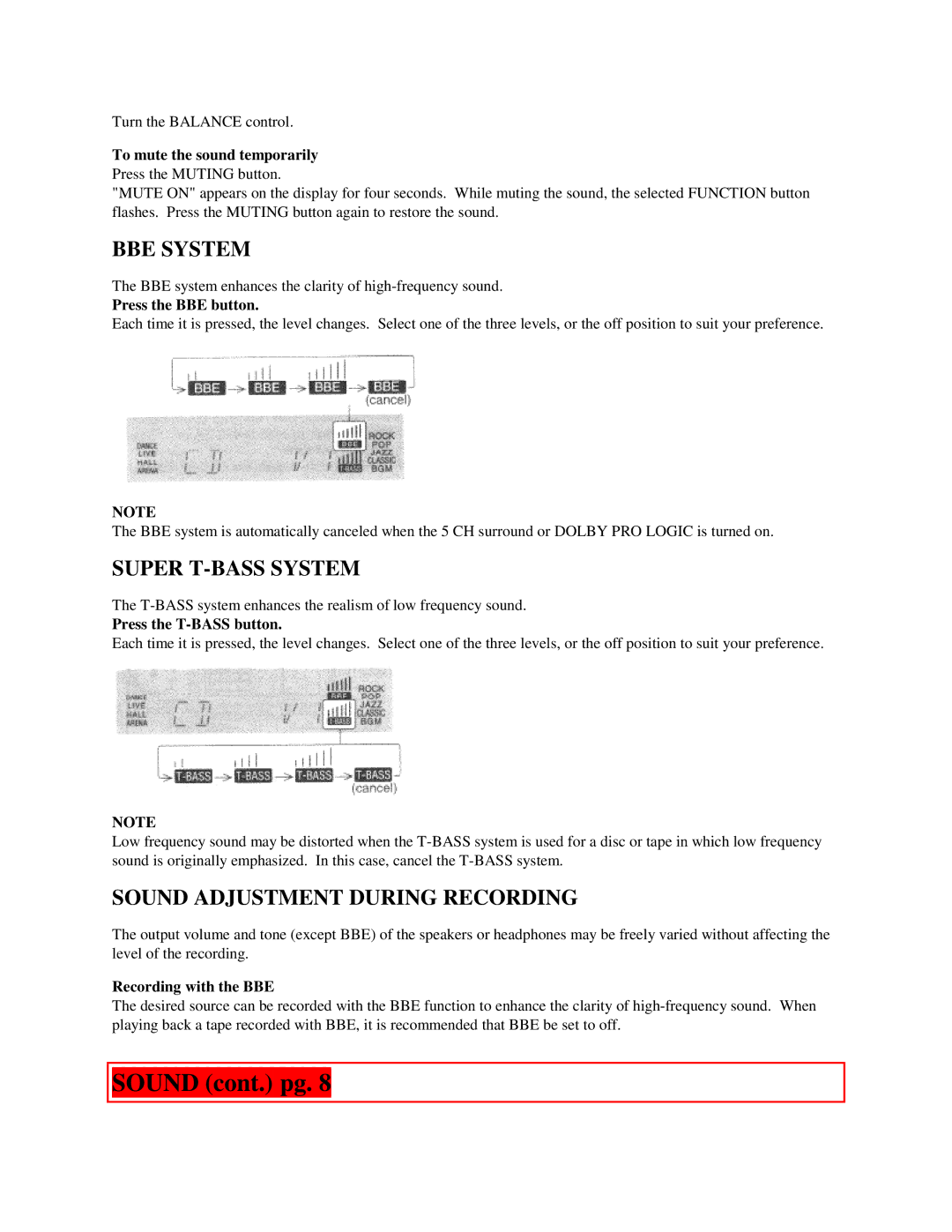 Aiwa AV-DV500 manual Sound cont. pg, BBE System, Super T-BASS System, Sound Adjustment During Recording 