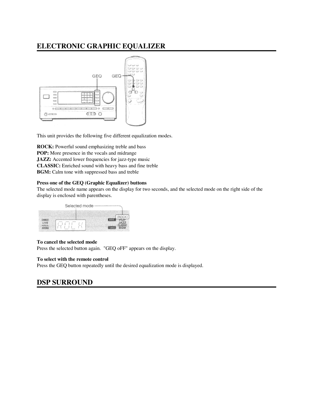 Aiwa AV-DV500 manual Electronic Graphic Equalizer, DSP Surround, Press one of the GEQ Graphic Equalizer buttons 