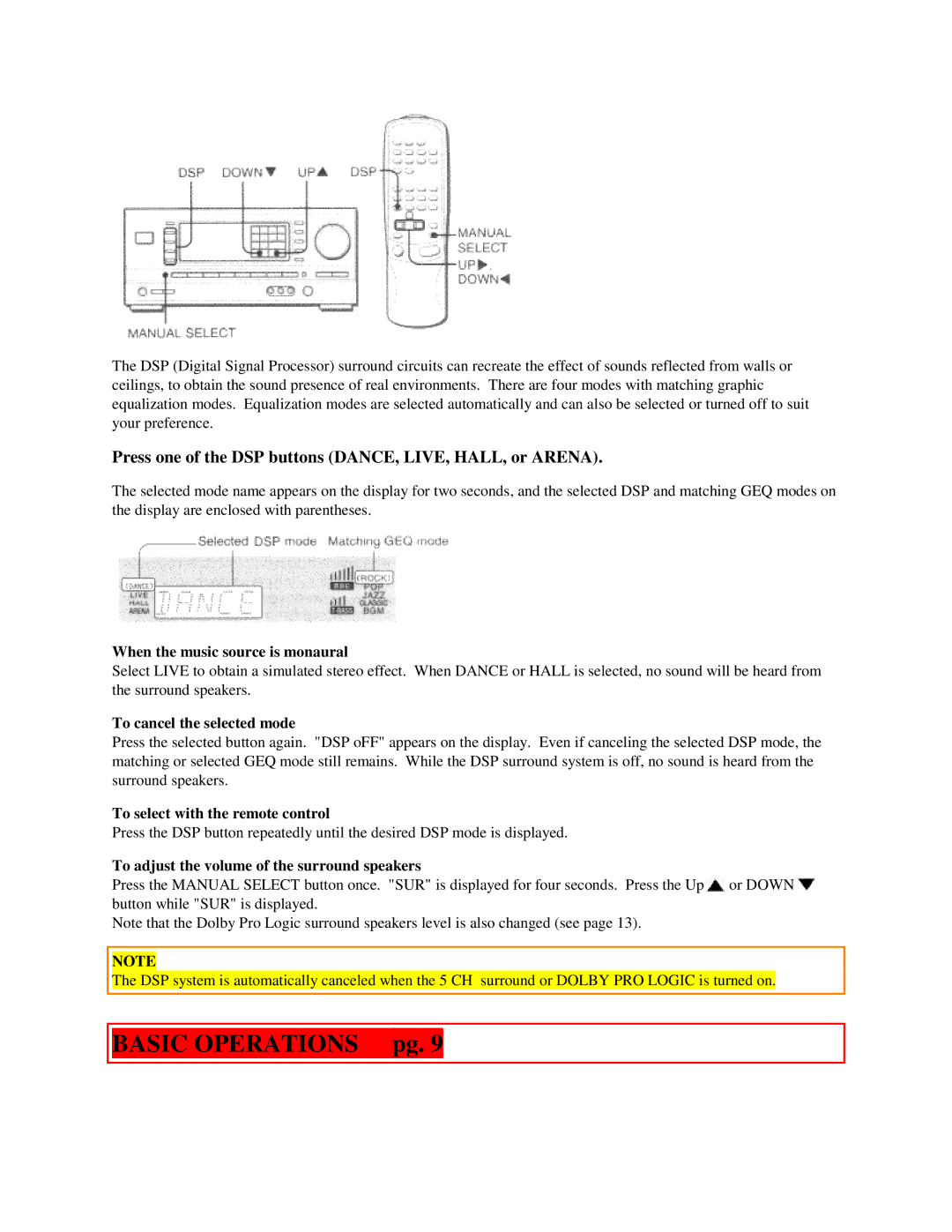 Aiwa AV-DV500 manual Basic Operations pg, When the music source is monaural, To adjust the volume of the surround speakers 