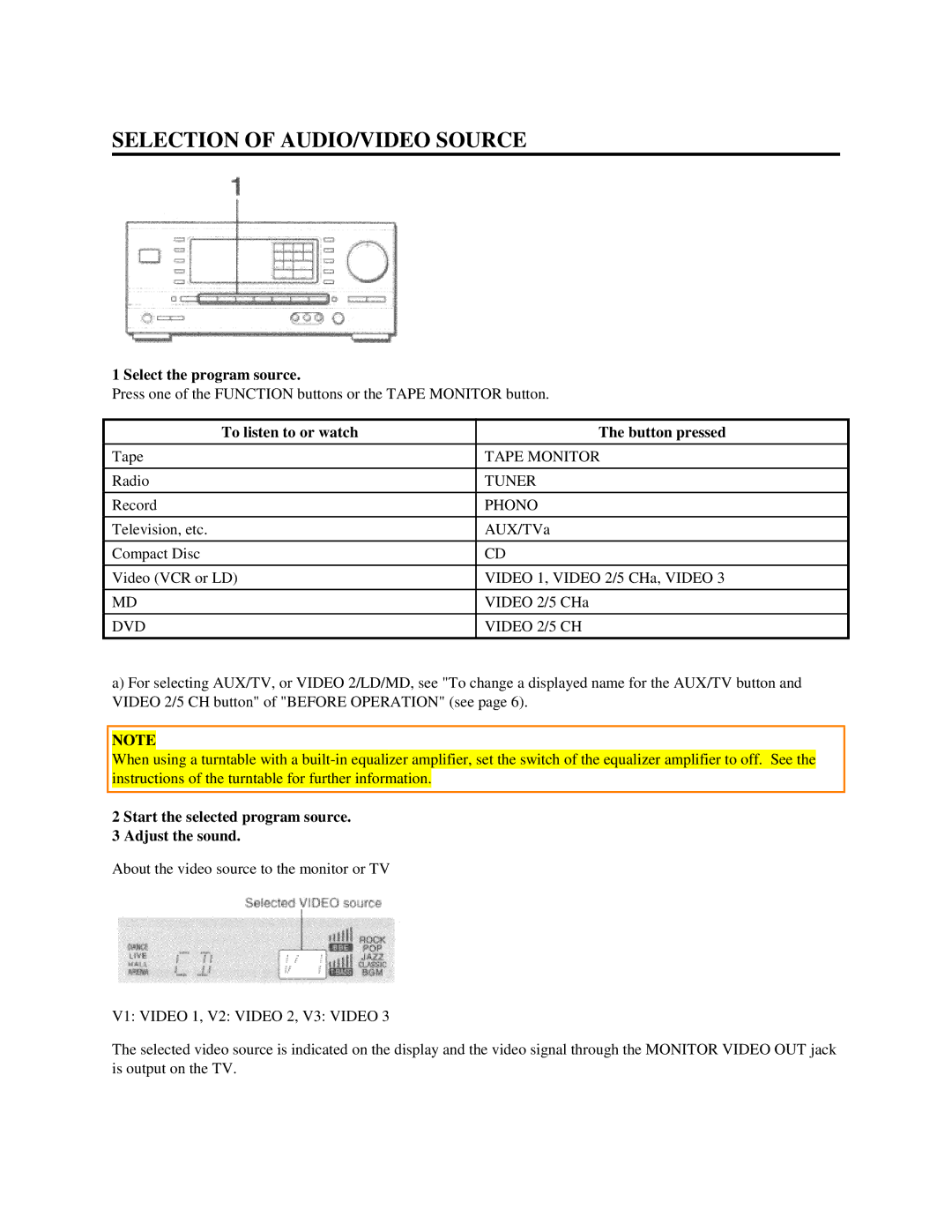 Aiwa AV-DV500 manual Selection of AUDIO/VIDEO Source, Select the program source, To listen to or watch Button pressed 