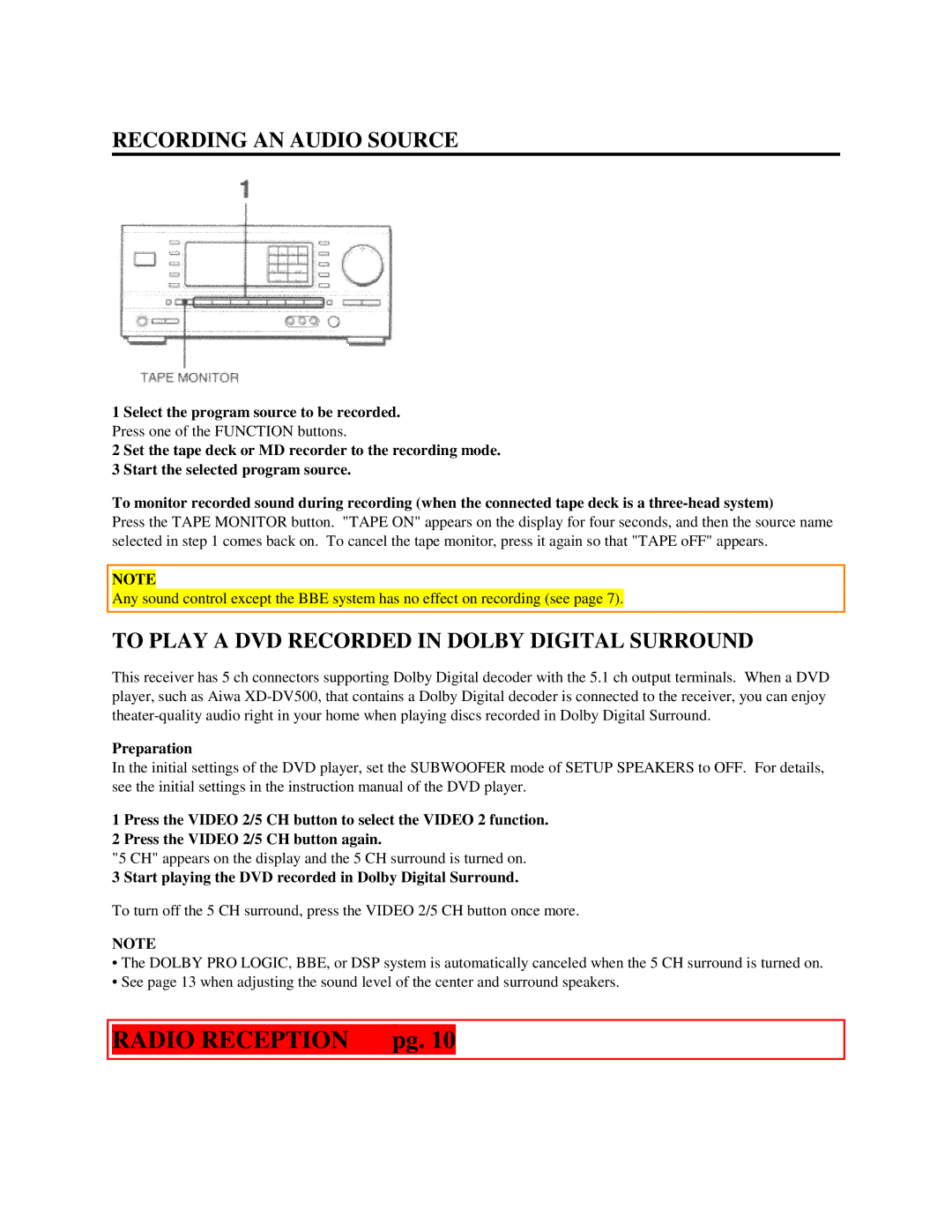 Aiwa AV-DV500 manual Radio Reception pg, Recording AN Audio Source, To Play a DVD Recorded in Dolby Digital Surround 