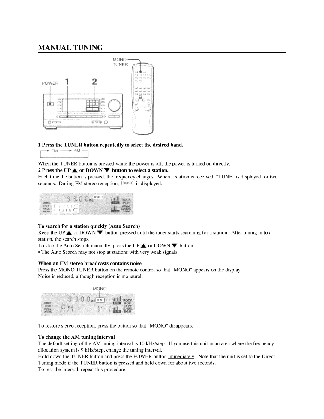 Aiwa AV-DV500 Manual Tuning, Press the UP or Down button to select a station, To search for a station quickly Auto Search 