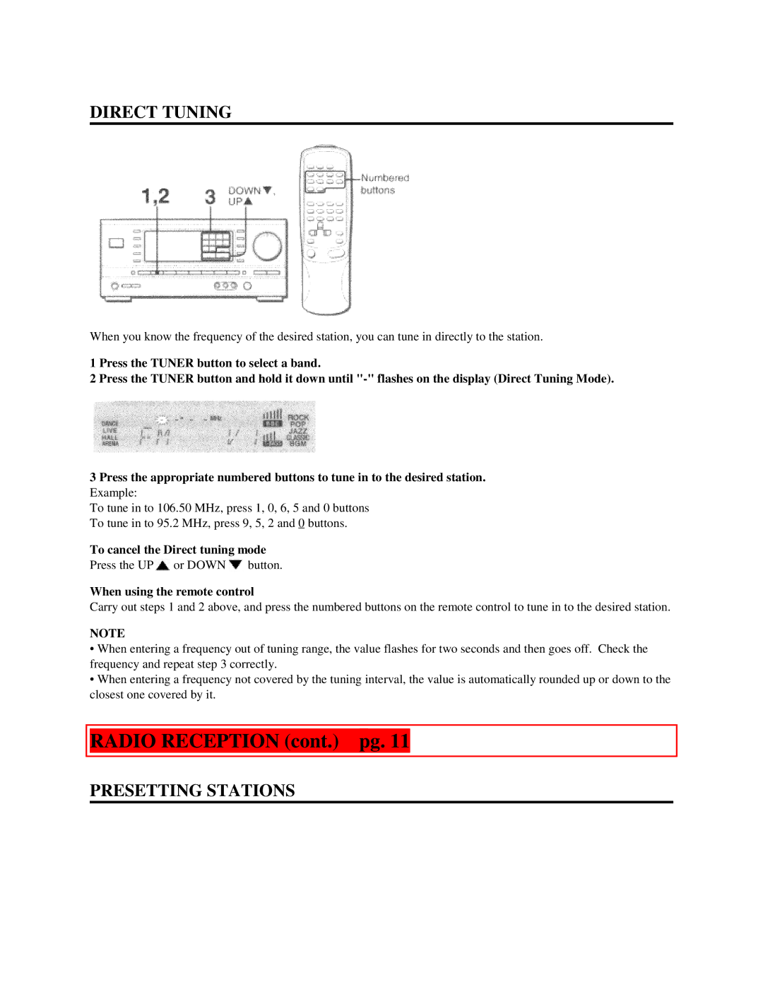 Aiwa AV-DV500 manual Radio Reception cont. pg, Direct Tuning, Presetting Stations, To cancel the Direct tuning mode 