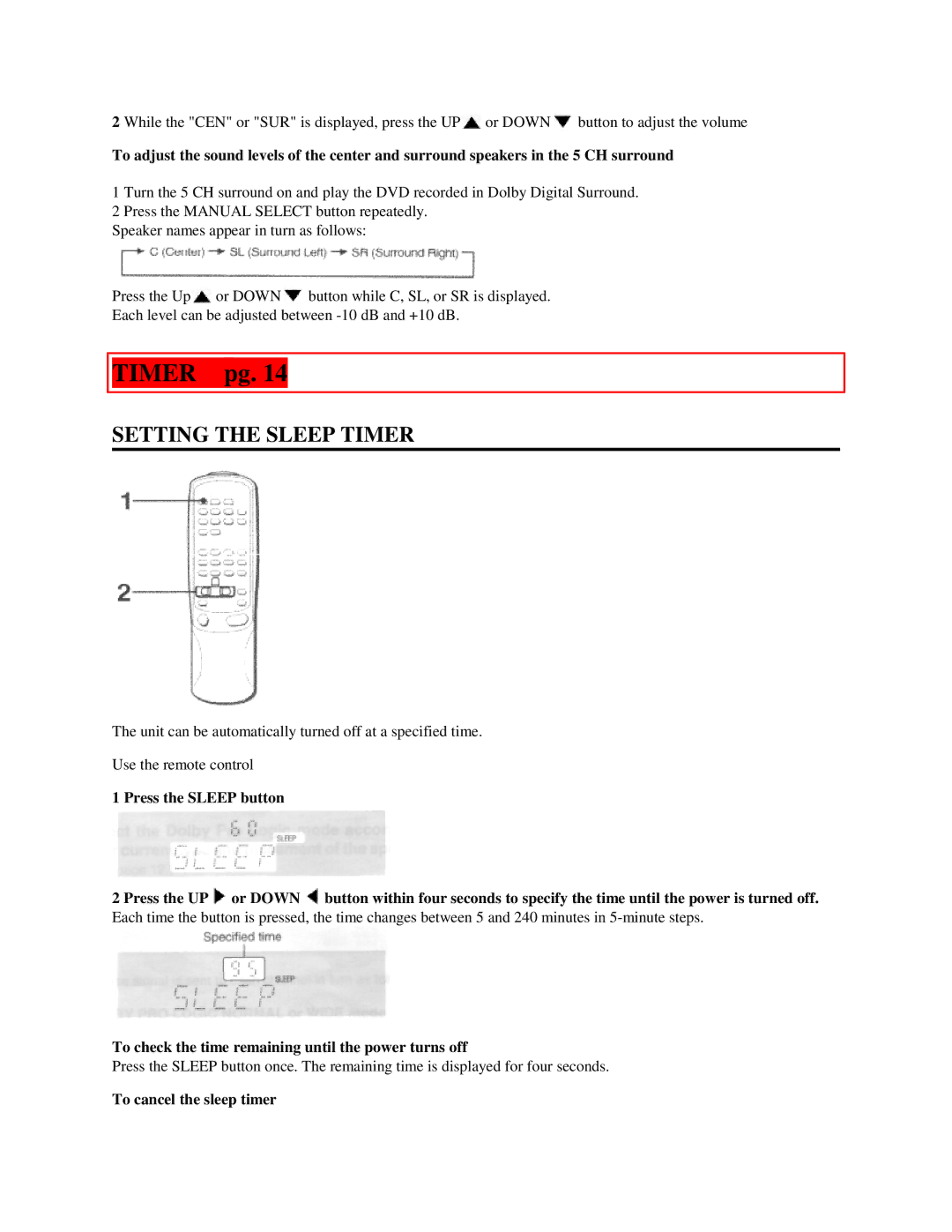 Aiwa AV-DV500 manual Timer pg, Setting the Sleep Timer, To check the time remaining until the power turns off 