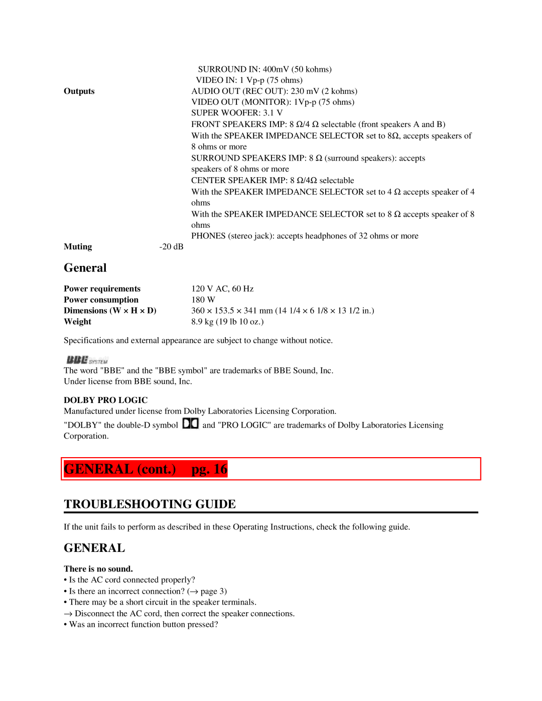 Aiwa AV-DV500 manual General cont. pg, Troubleshooting Guide 