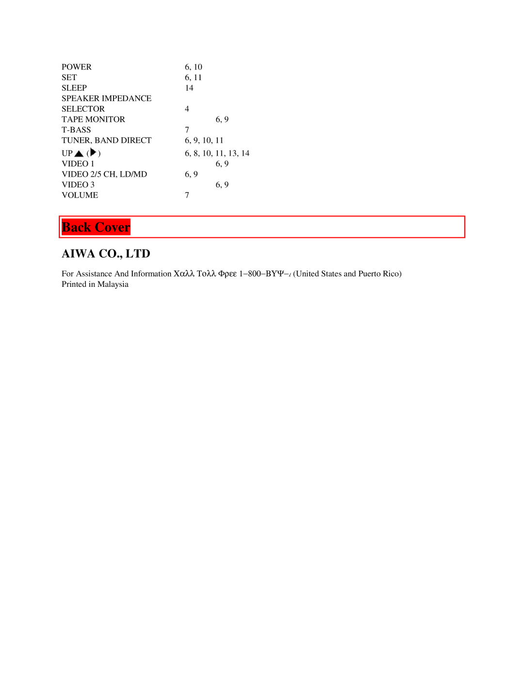 Aiwa AV-DV500 manual Back Cover 