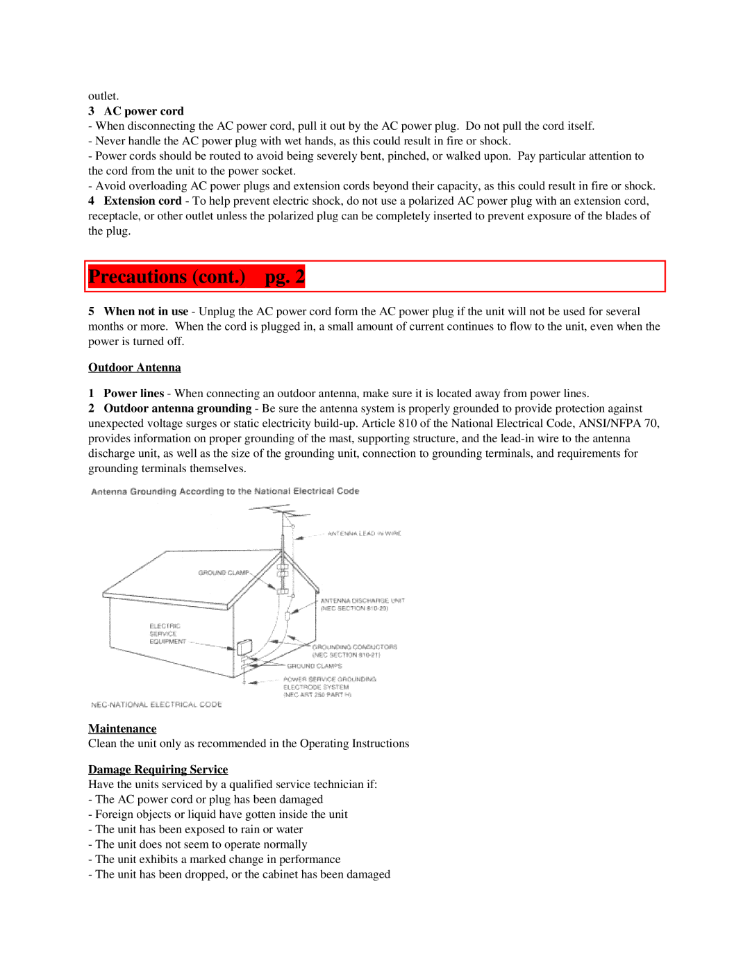 Aiwa AV-DV500 manual Precautions cont. pg, AC power cord, Outdoor Antenna, Maintenance, Damage Requiring Service 