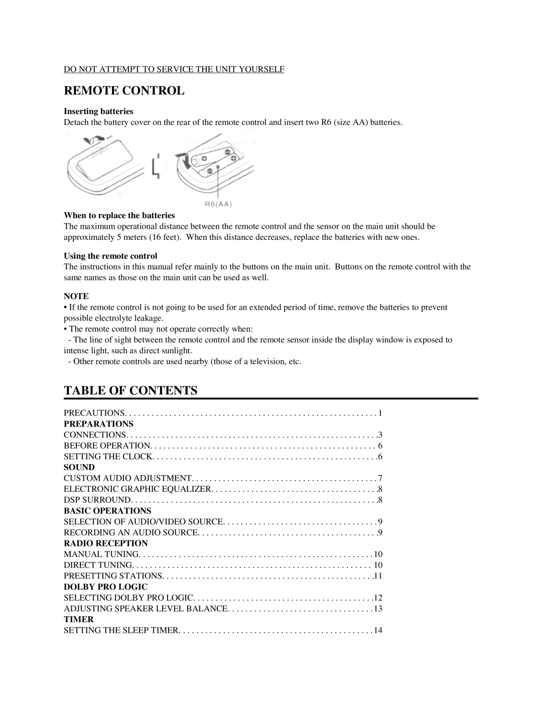 Aiwa AV-DV500 manual Remote Control, Table of Contents 