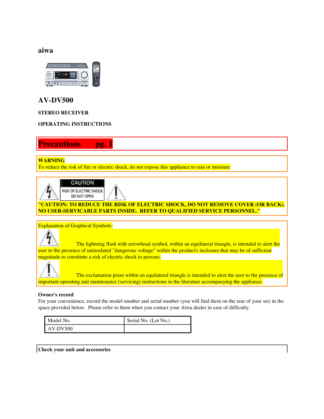 Aiwa manual Precautions, aiwa AV-DV500, Stereo Receiver Operating Instructions, Owners record 