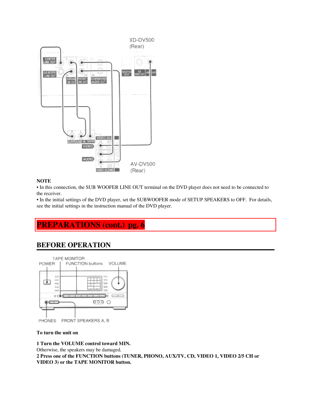 Aiwa AV-DV500 manual Before Operation, PREPARATIONS cont. pg, To turn the unit on, Turn the VOLUME control toward MIN 