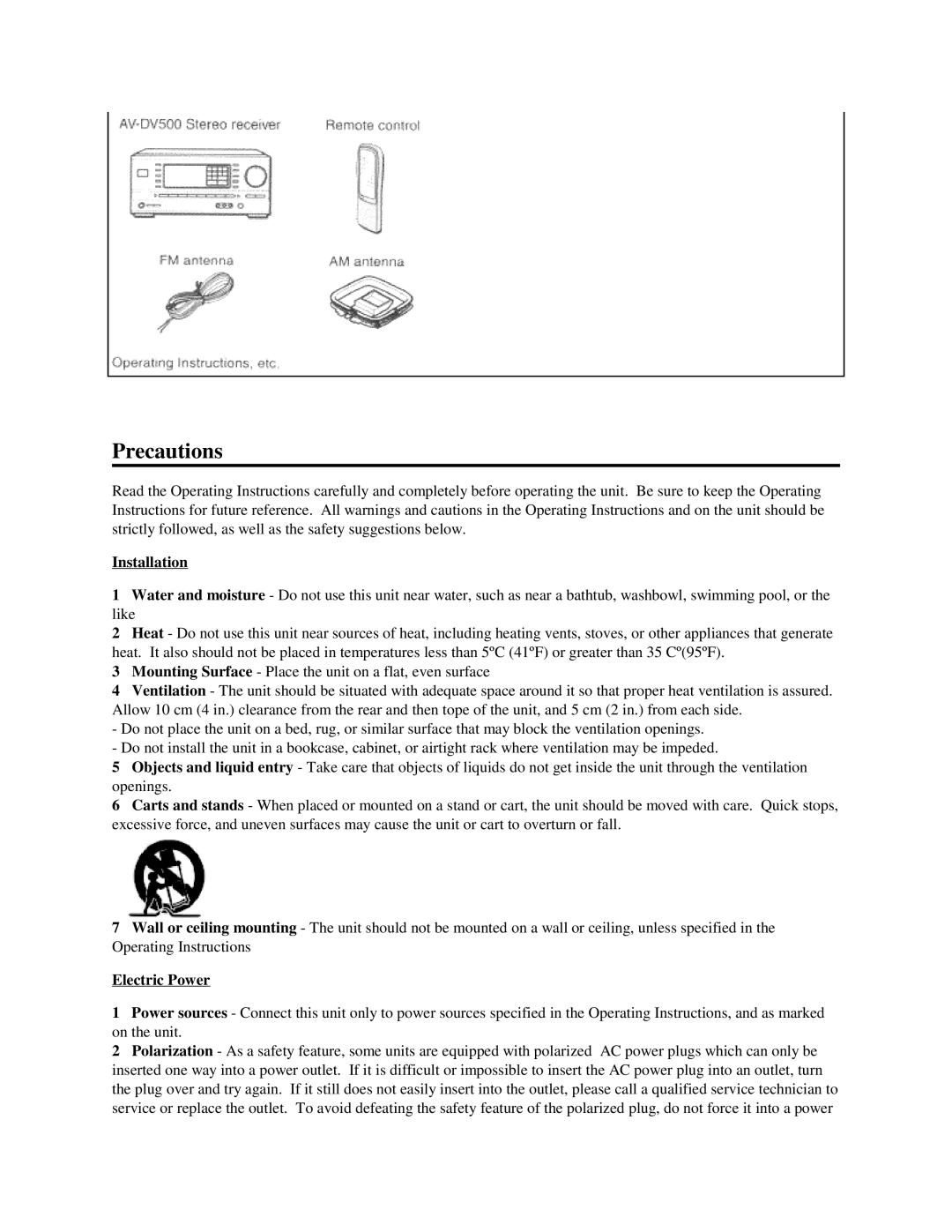 Aiwa AV-DV500 manual Precautions, Installation, Electric Power 