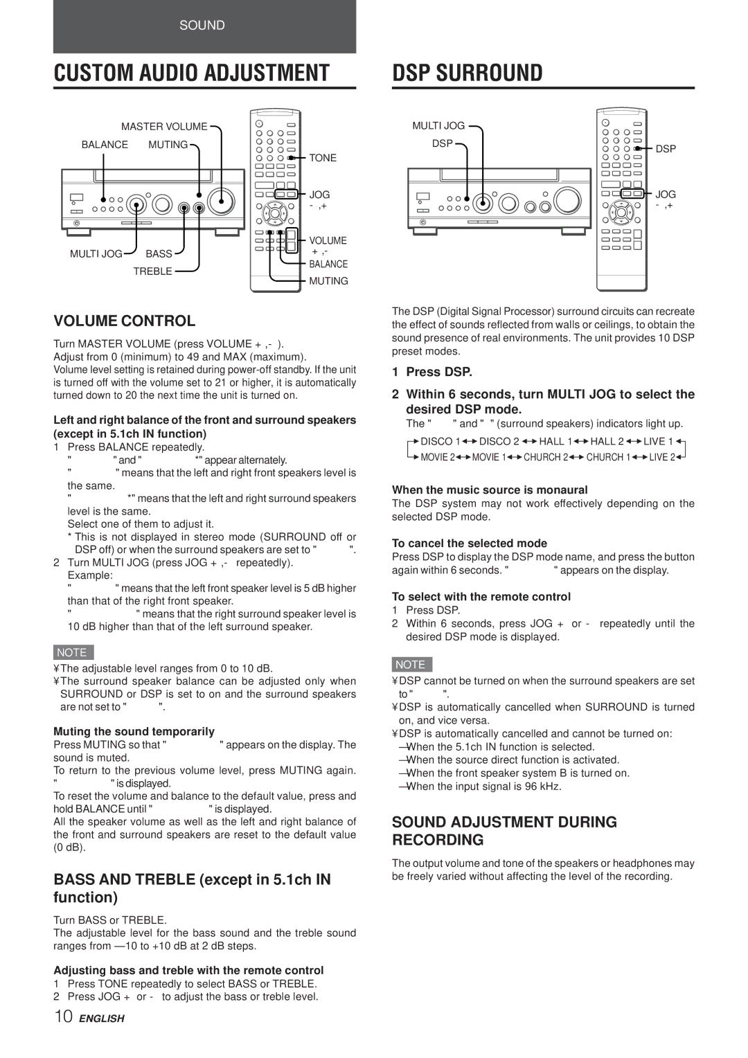 Aiwa AV-NW50 manual Custom Audio Adjustment, DSP Surround, Volume Control, Sound Adjustment During Recording 