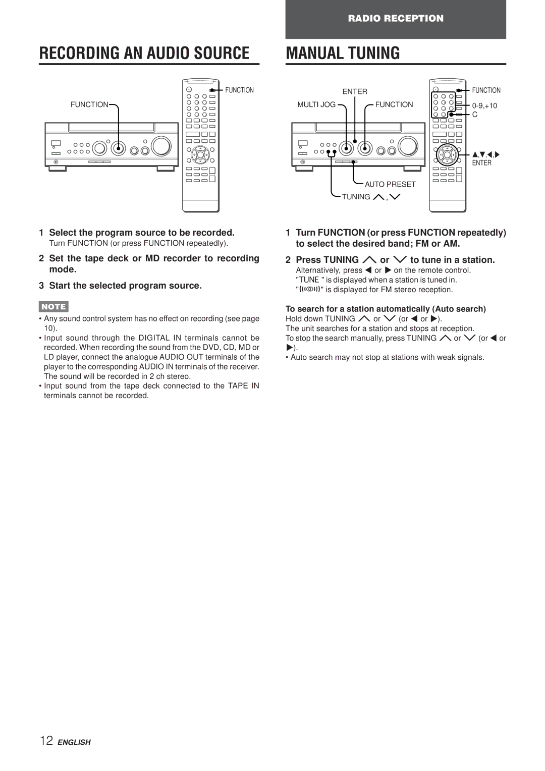 Aiwa AV-NW50 Manual Tuning, Select the program source to be recorded, To search for a station automatically Auto search 