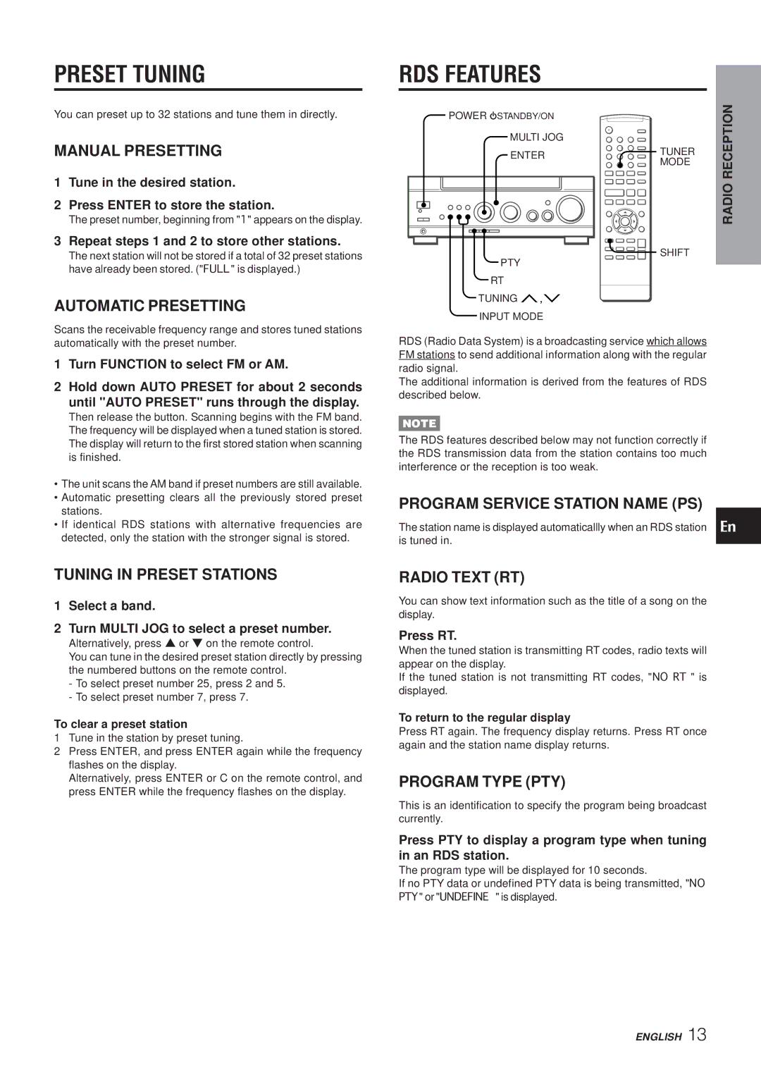 Aiwa AV-NW50 manual Preset Tuning, RDS Features 