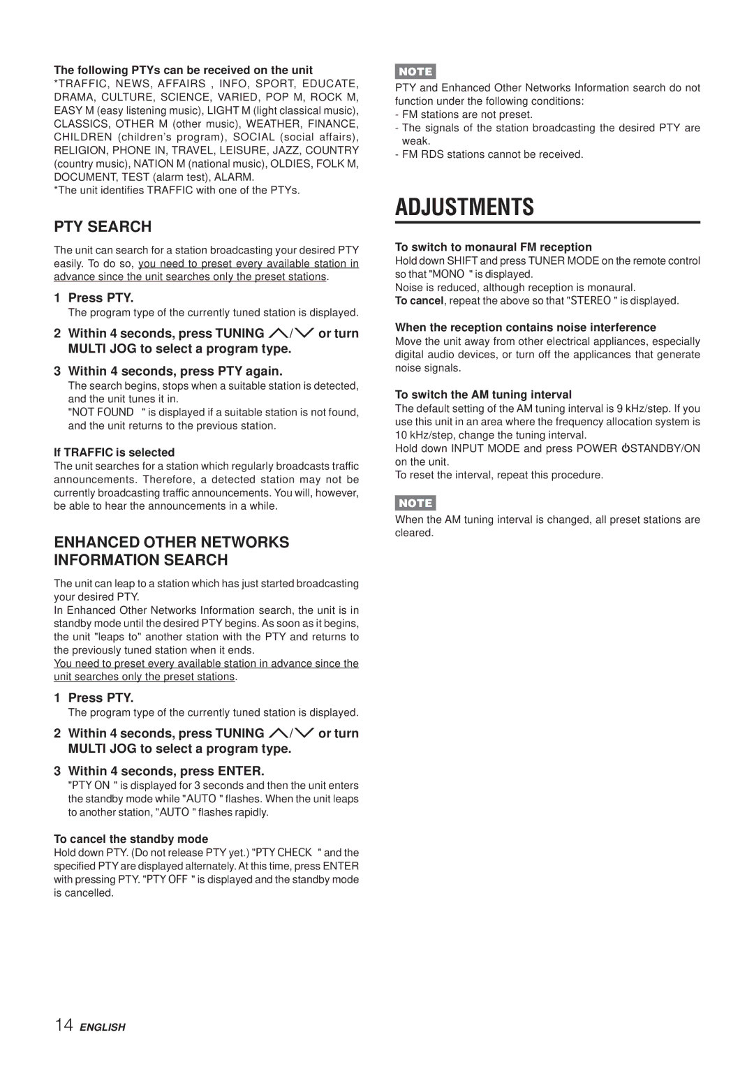 Aiwa AV-NW50 manual Adjustments, PTY Search, Enhanced Other Networks Information Search, Press PTY 