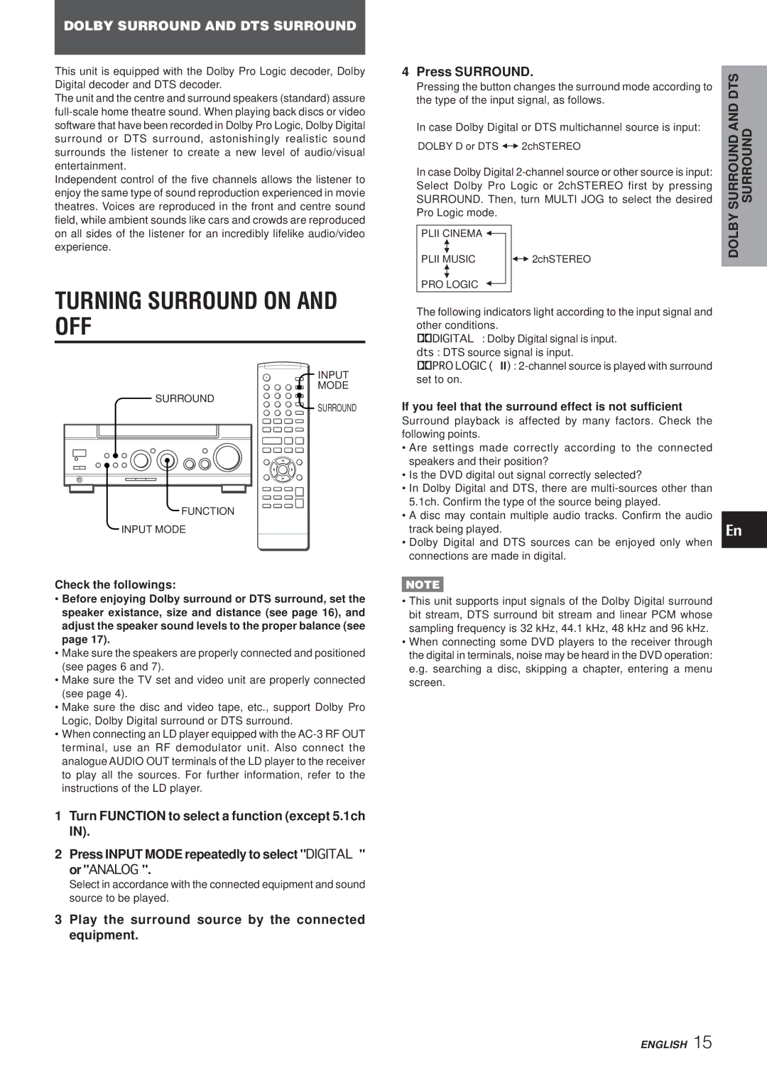 Aiwa AV-NW50 manual Turning Surround on and OFF, Dts, Check the followings 