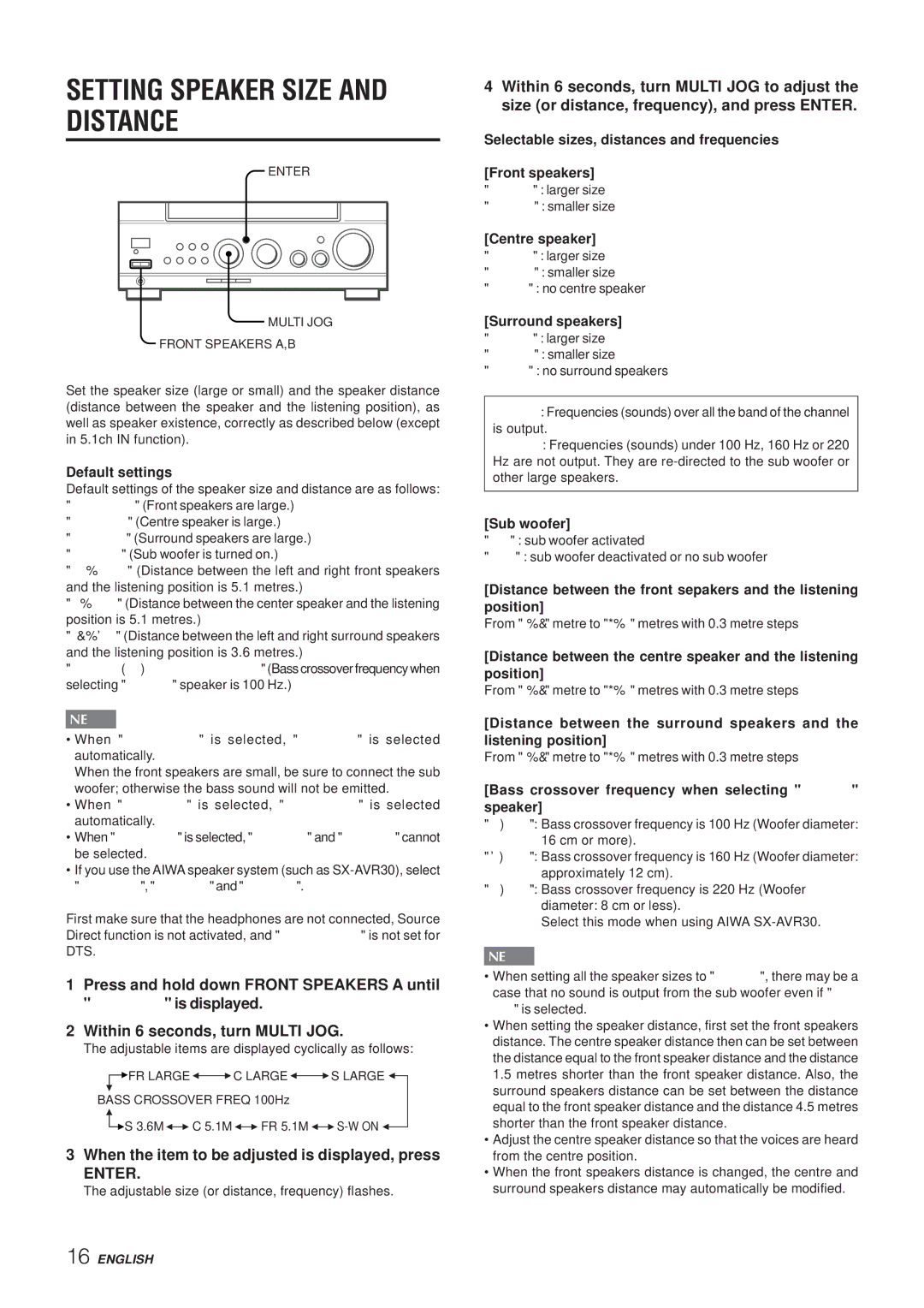 Aiwa AV-NW50 manual Setting Speaker Size and Distance, When the item to be adjusted is displayed, press, Enter 