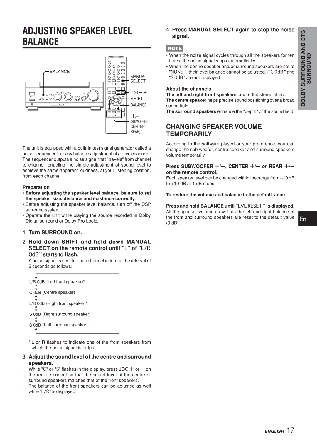 Aiwa AV-NW50 manual Adjusting Speaker Level Balance, Changing Speaker Volume Temporarily, Signal 