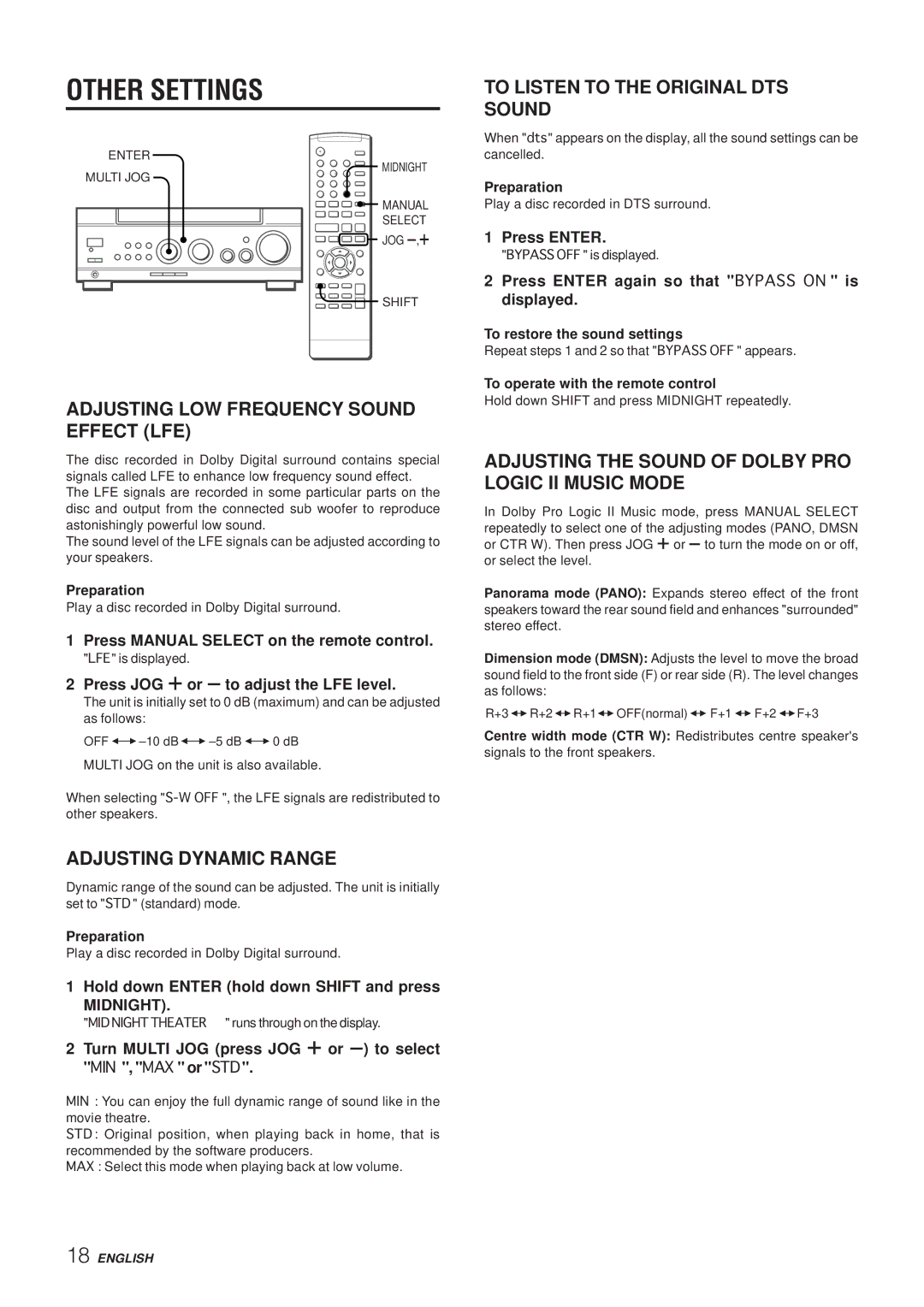 Aiwa AV-NW50 manual Other Settings, Adjusting LOW Frequency Sound Effect LFE, Adjusting Dynamic Range 