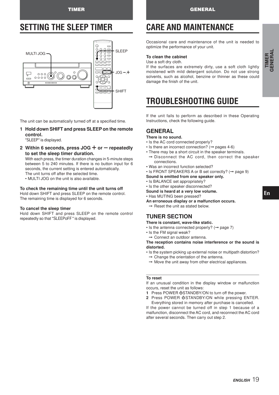 Aiwa AV-NW50 manual Setting the Sleep Timer, Care and Maintenance, Troubleshooting Guide, General, Tuner Section 