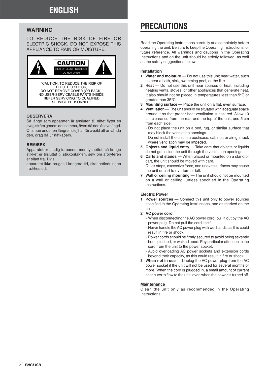 Aiwa AV-NW50 manual Precautions, Installation, Electric Power, Maintenance, AC power cord 