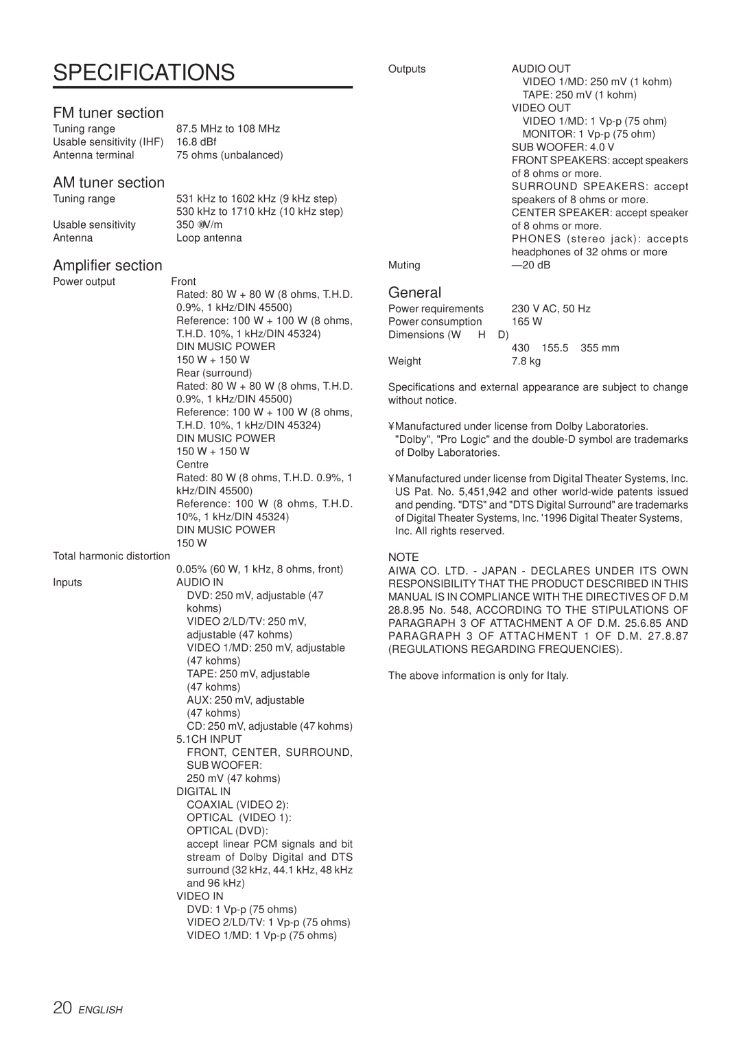 Aiwa AV-NW50 manual Specifications 