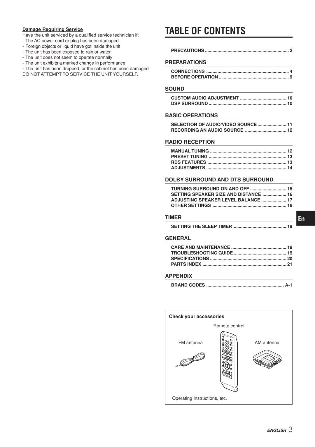 Aiwa AV-NW50 manual Table of Contents 