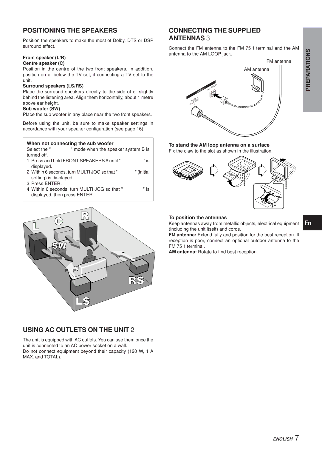 Aiwa AV-NW50 manual Positioning the Speakers, Connecting the Supplied Antennas, Using AC Outlets on the Unit 