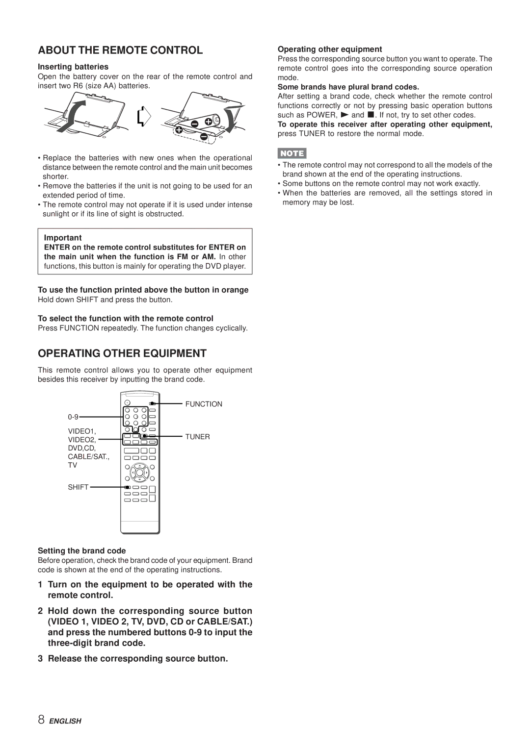 Aiwa AV-NW50 manual About the Remote Control, Operating Other Equipment 